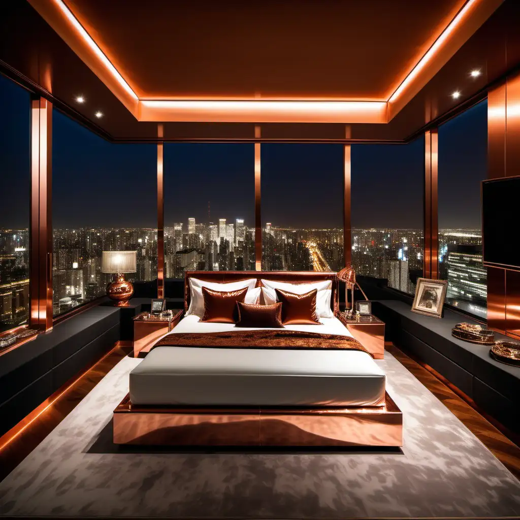 Luxurious millionaire penthouse copper bedroom in a city night 