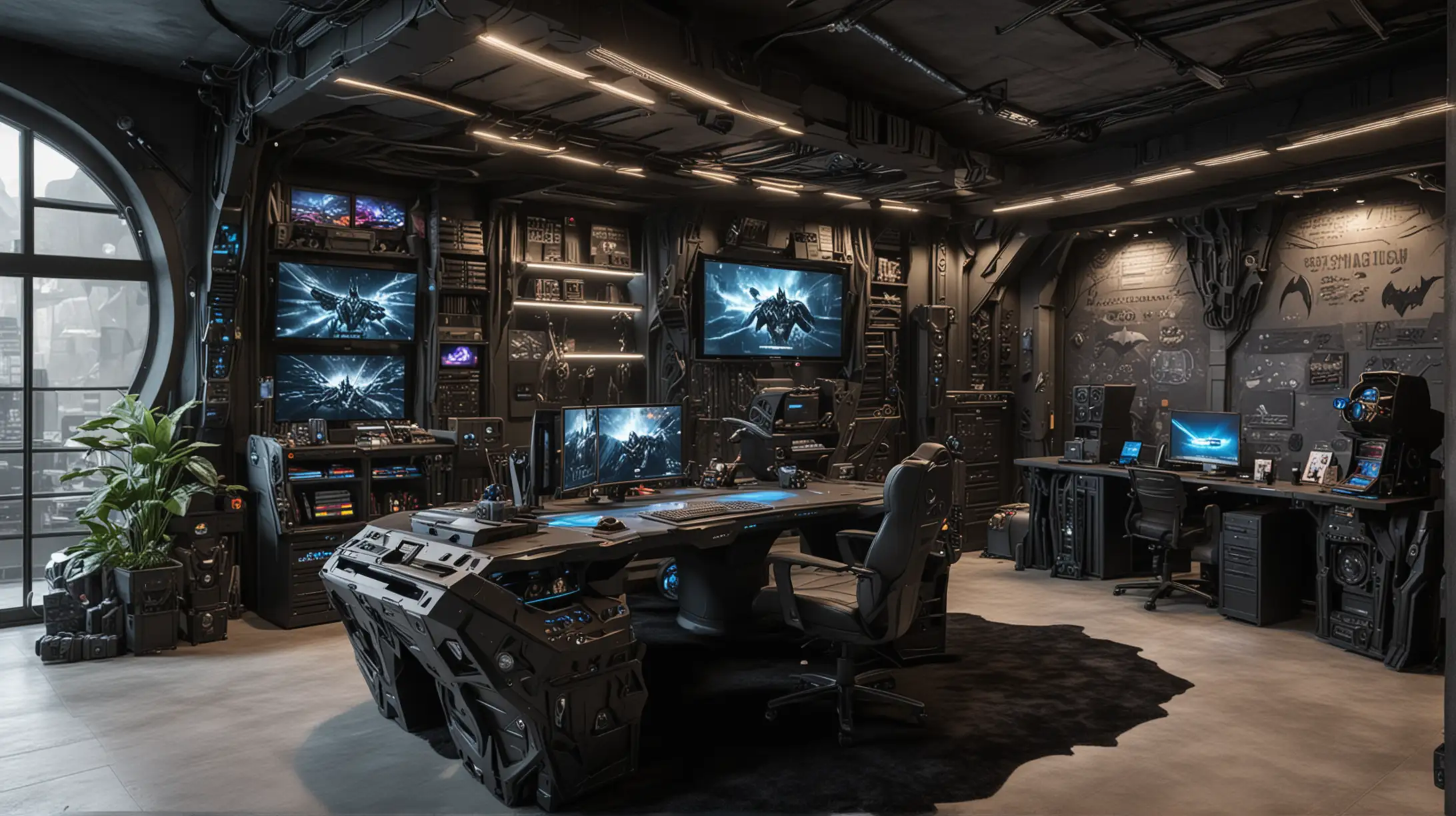 Elaborate super-computer desk setup and playroom design mimicking the aesthetics of the Batcave