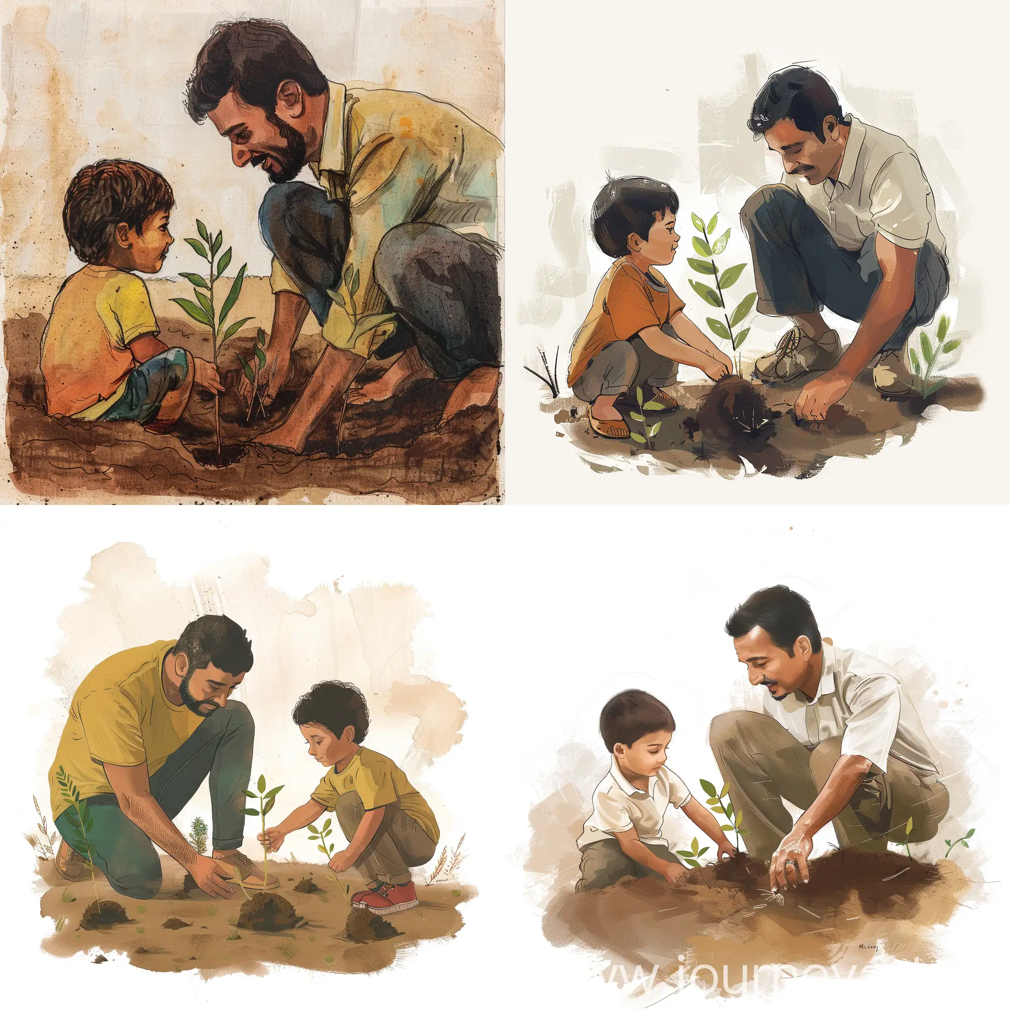 A father and his 5 year old son planting saplings into the ground. The father is looking at the plant and the son is proudly looking at his father.