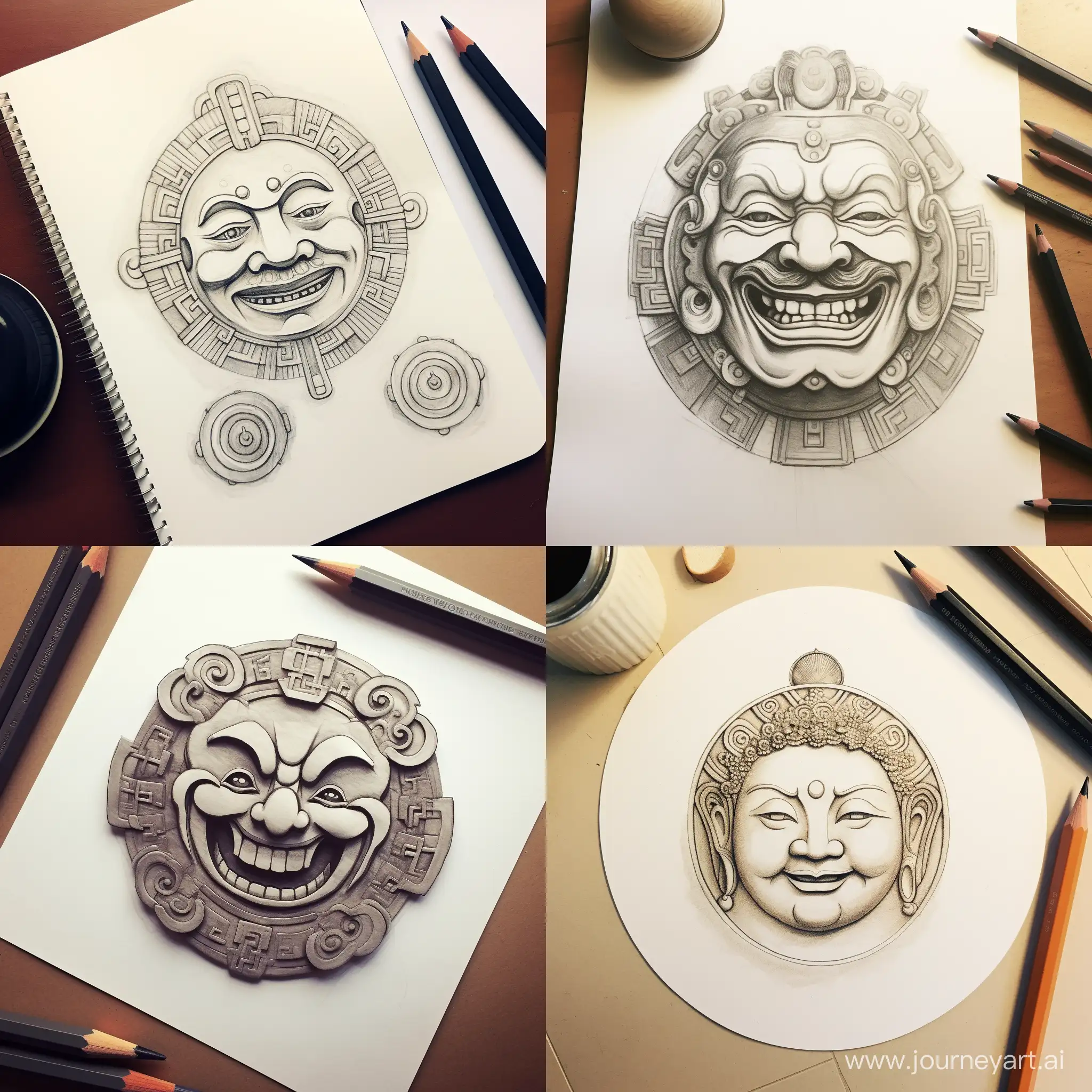 画一个笑脸简笔画，主要元素是中国古代金币