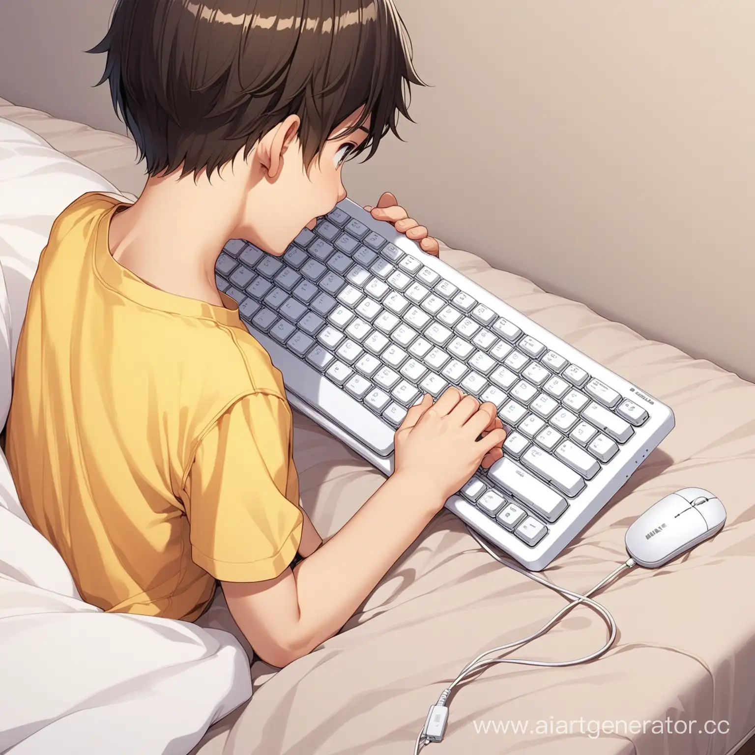 12 летний мальчик достал  белую безпроводную клавиатуру на кровати