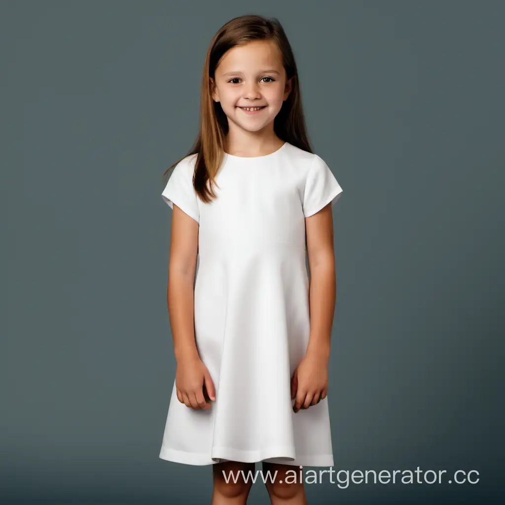 фото девочки 8 лет в белом платье  по колено простого кроя с коротким рукавом