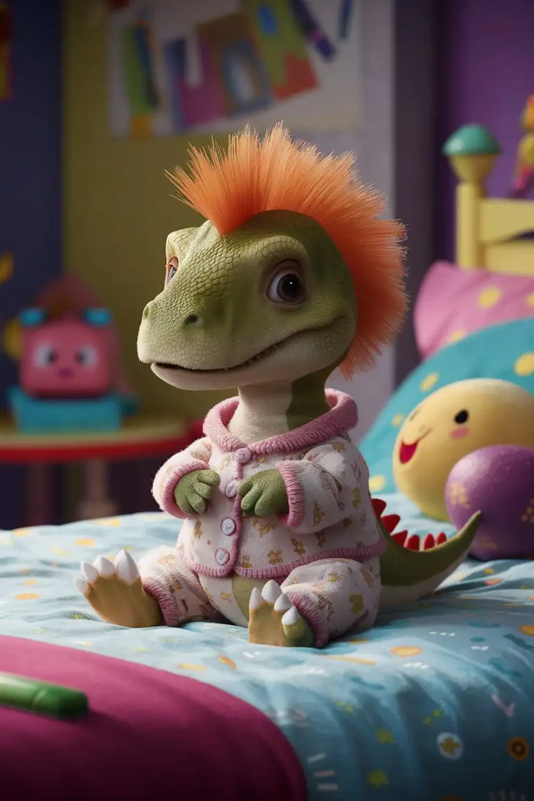 маленький динозавр с оранжевой гребней, сидит на кровати, одет в пижаму, детский стиль