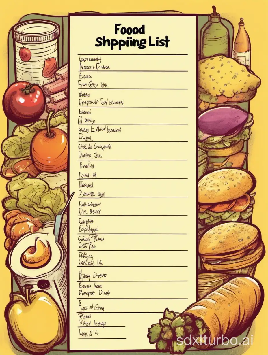 A cartoony food shopping list
