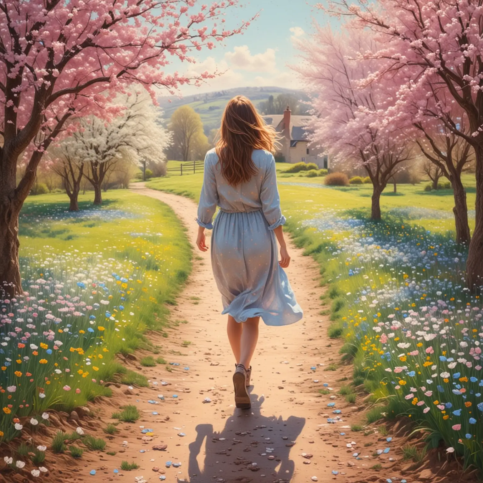 spring time at the country side in europe, a woman walking, petals flying,soft pastel crayon colors, thomas little painting style