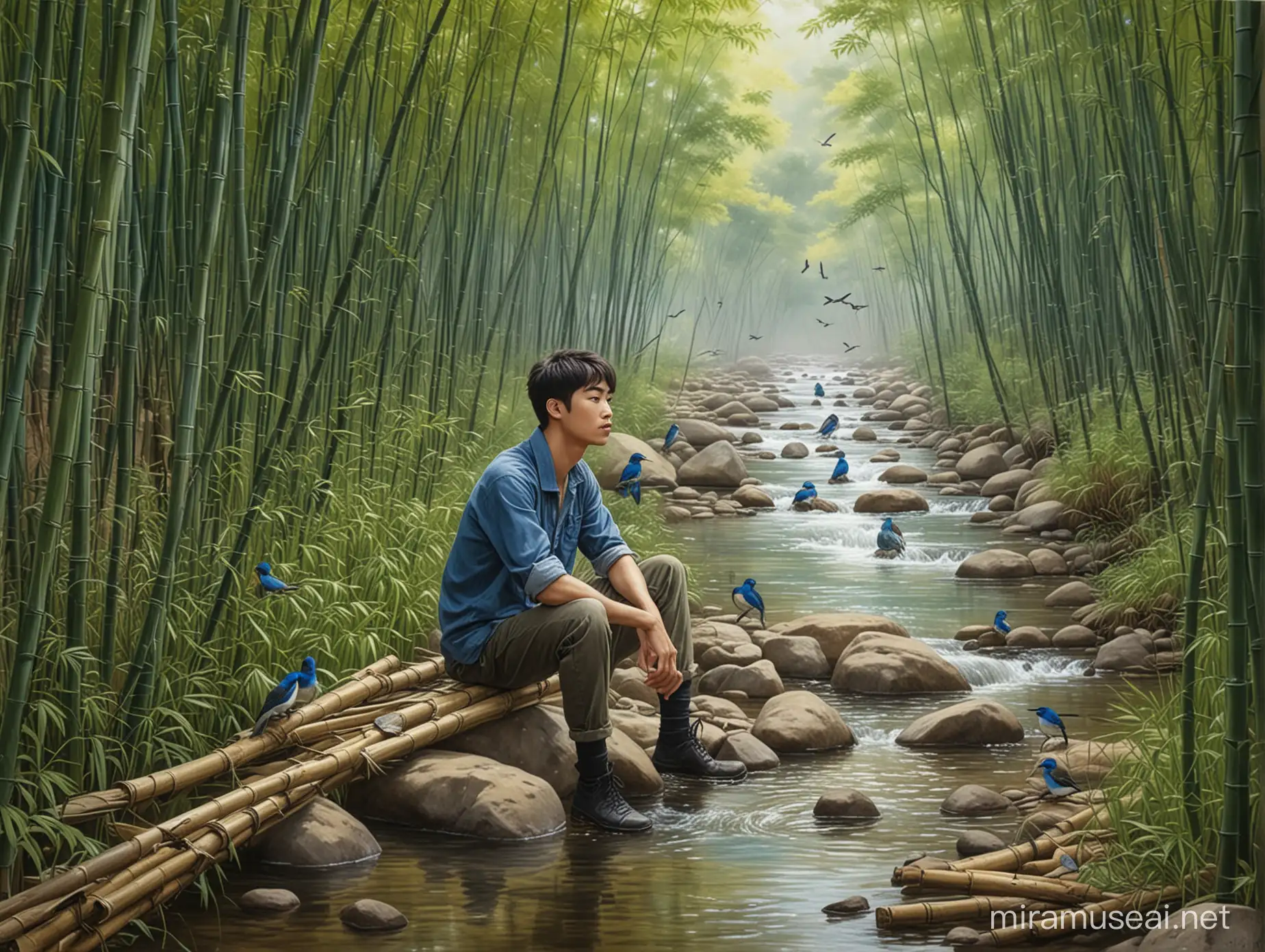 Seorang pemuda tampan berwajah korea sedang duduk di hutan bambu dan dan di bawahnya terdapat sungai yang sangat jernih, ditemani beberapa ekor burung cyronis Banyumas or other name hill blue flycatcher.