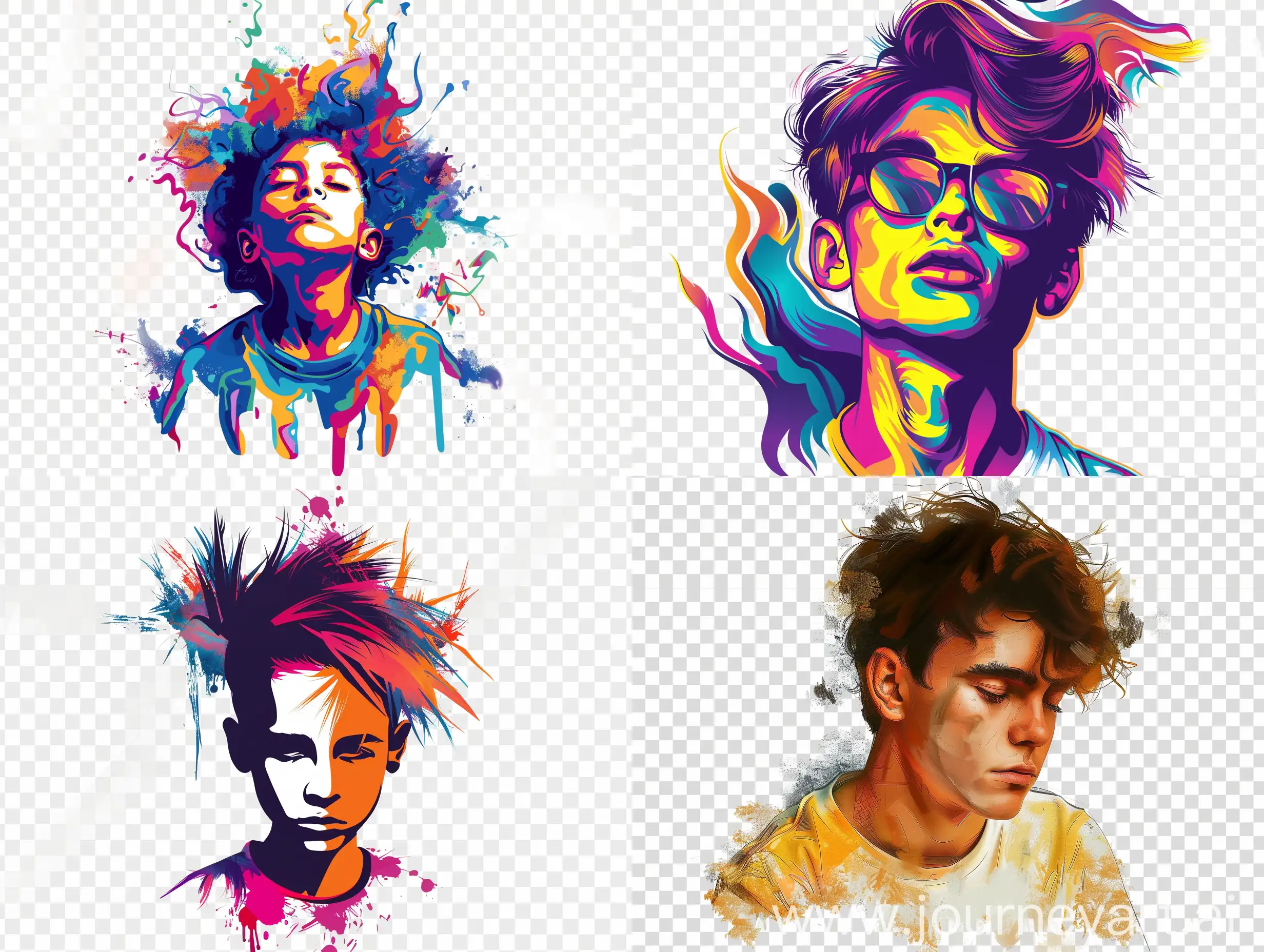 Create T shirt art, a cool boy with clury hairs,vibrant and modern look.cool art,background is transparent.