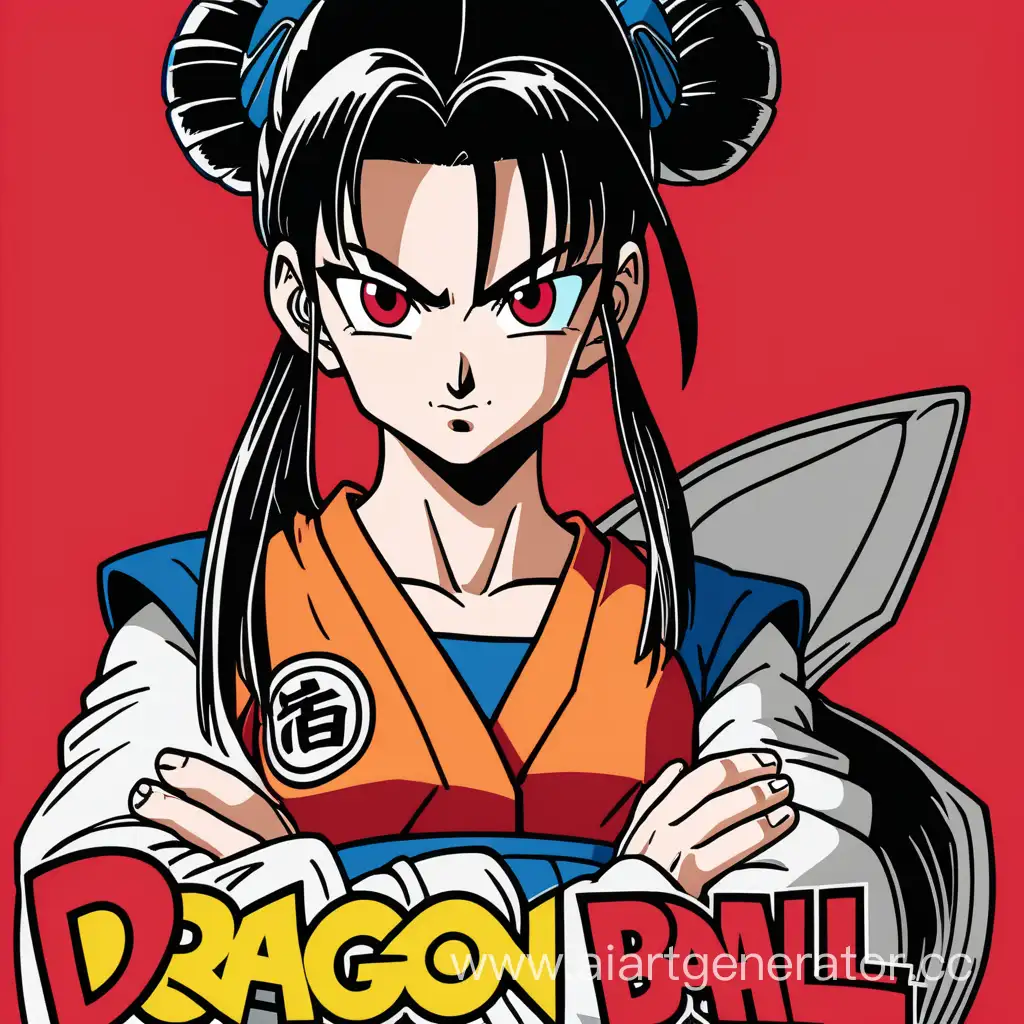 Anime Girl in DragonBall style welcomes and there is a sign at the back that says "Dragon Ball: Blacks". Dark hair, fighter, red background. An adult. red eyas