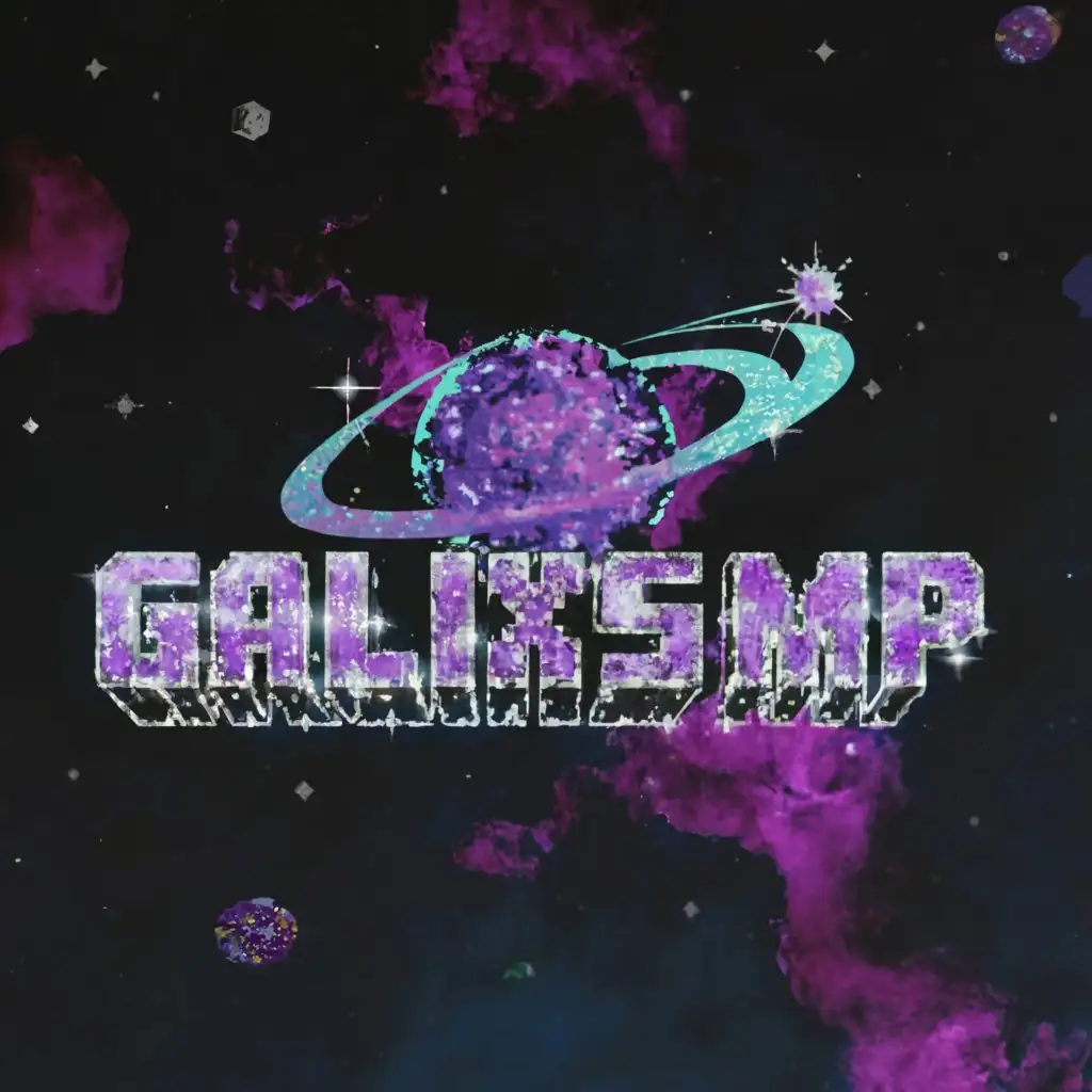 a logo design,with the text 'GalaxySMP', main symbol:3d text in glitter purple in minecraft style positioned in the galaxy,complex,be used in Entertainment industry,clear background