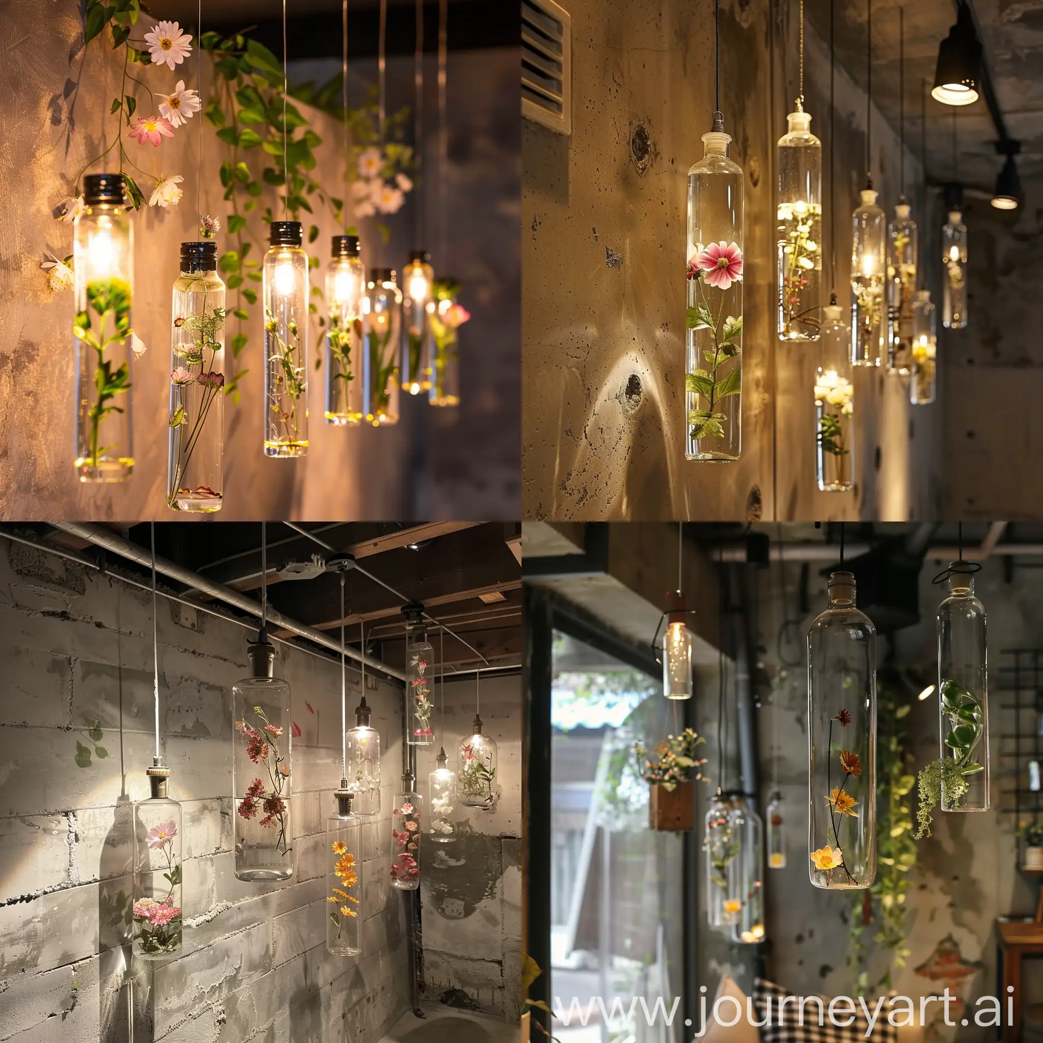decor on the walls of the basement using hanging transparent glass bottles of flowers and water. or hanging other decor associated with daytime