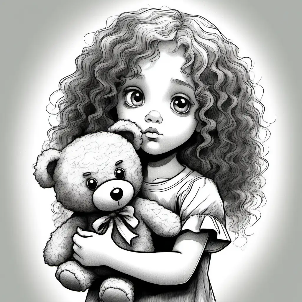 il disegno in bianco e nero, da colorare, di una bambina piccola con i capelli ricci e spettinati, con occhi grandi e dolci, dall'espressione triste, che stringe tra le braccia un orsetto di pezza