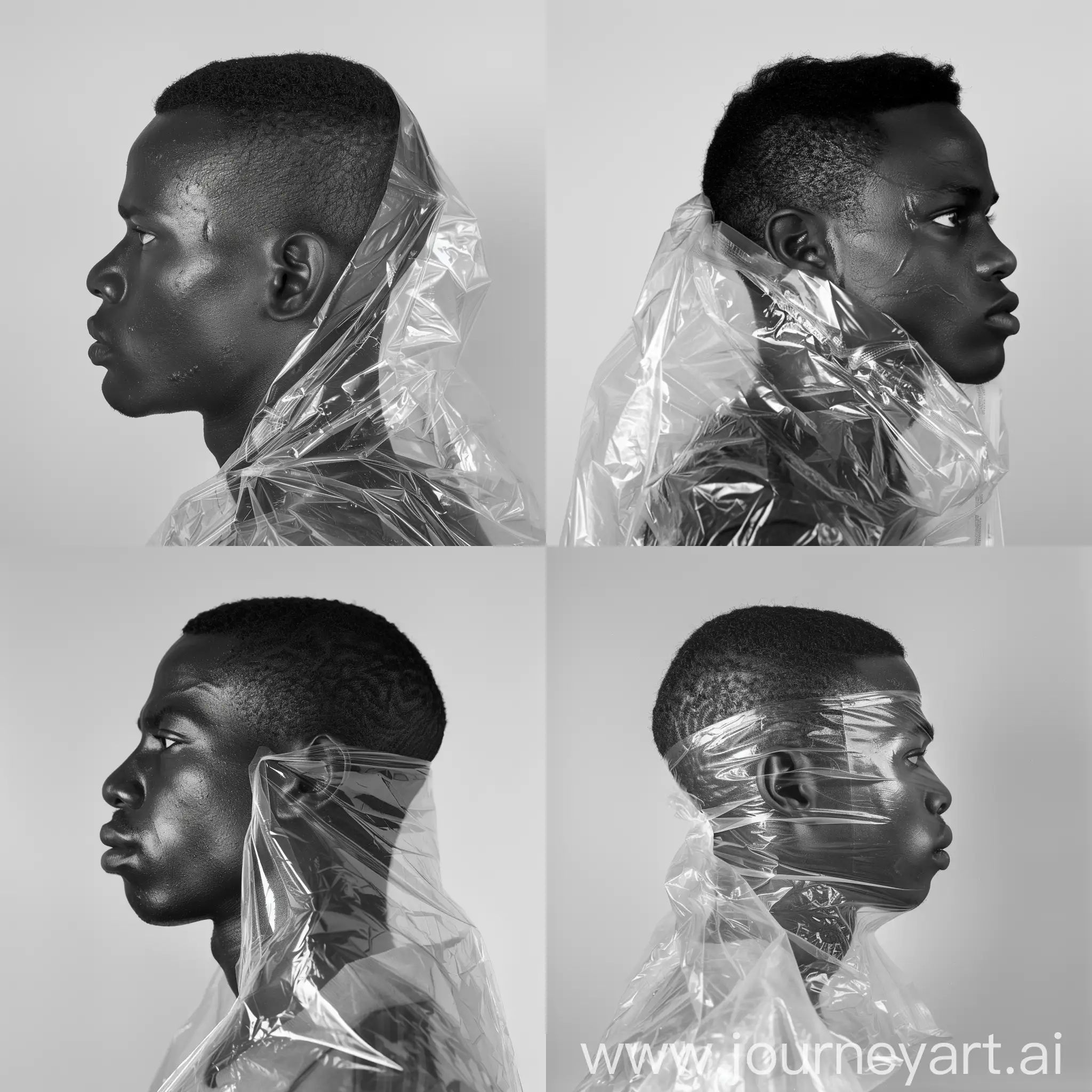 Side profile of an African man with very short hair and is covered in a clear plastic bag 
