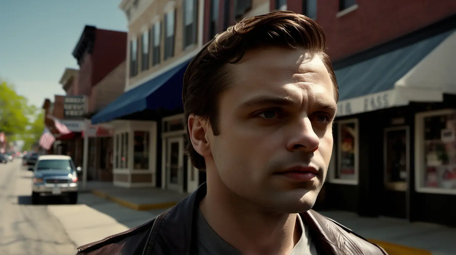 imagine Sebastian Stan short shaved head walking down main street in small town America, Normal Rockwell perfect, noon, sunny spring day, clear facial features, cinematic, 35mm, wide angle lens, f11, accent lighting, global illumination, -uplight- v4 -q2