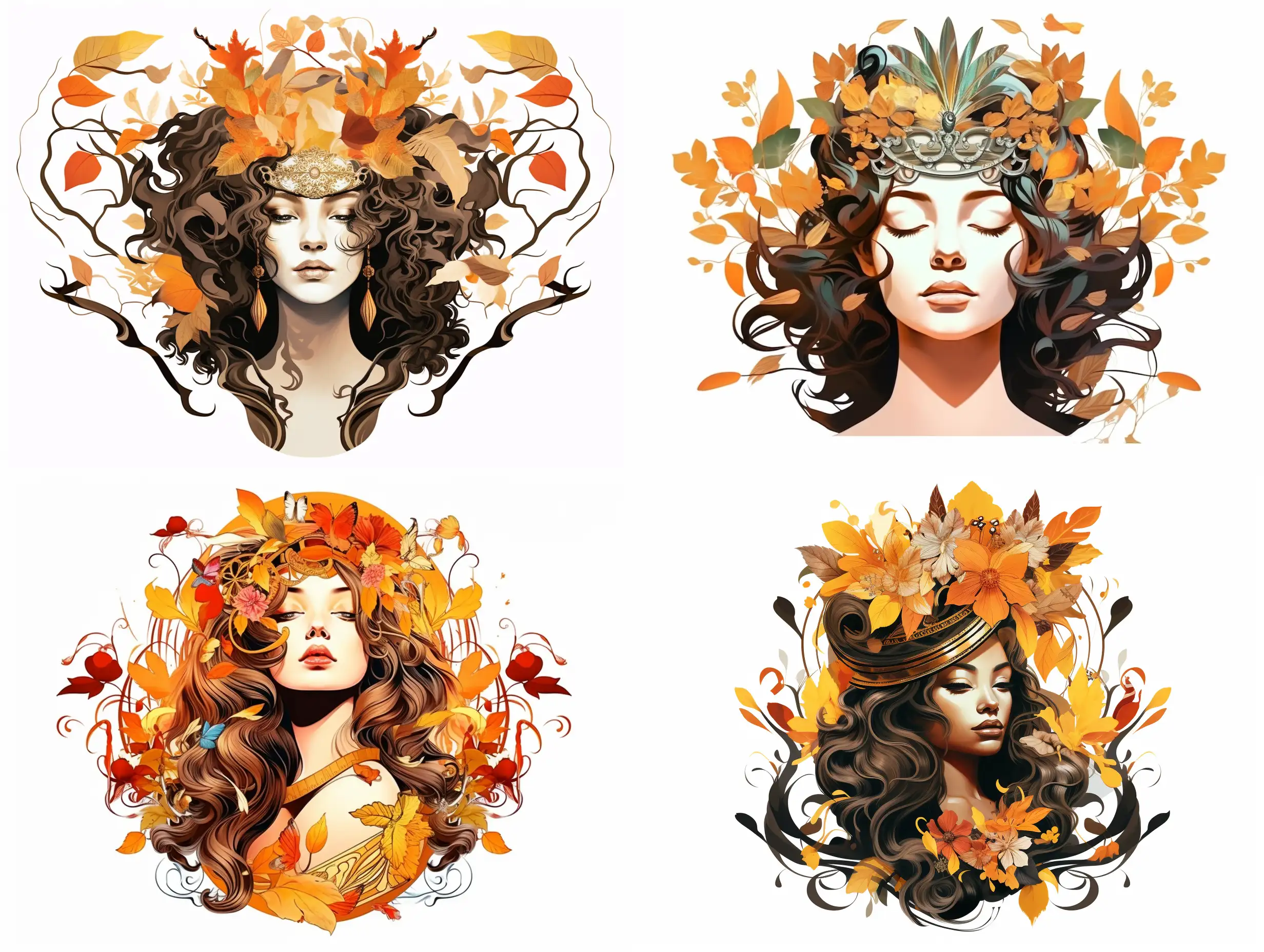 ornamental waist portrait of the ancient queen of France, reflected vertically, stylized caricature, with autumn leaves, on a white background, vector, Victor Ngai style, watercolor, decorative, flat drawing