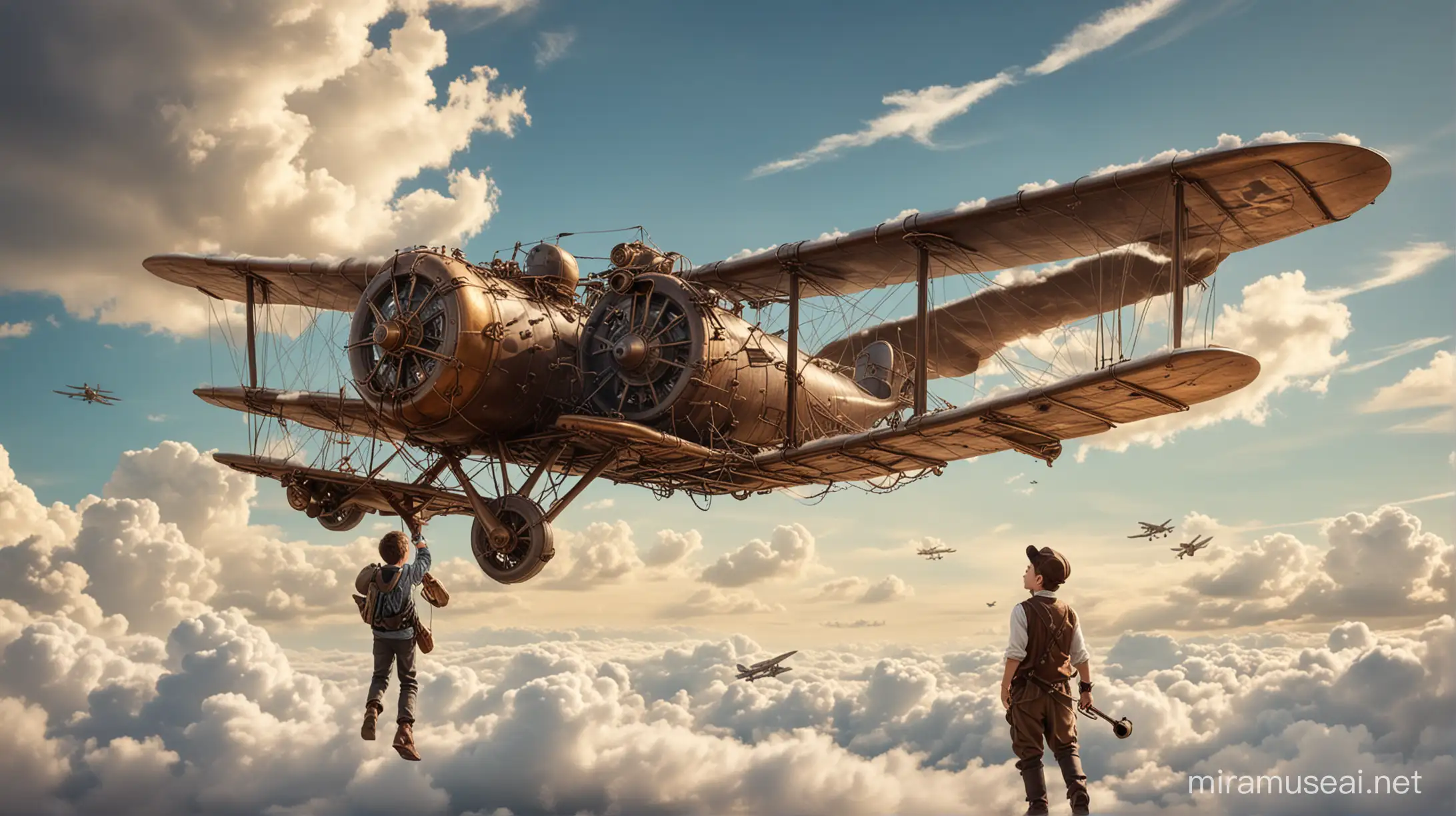 a boy who have a dream fly to the sky by steam airplane, Steampunk era