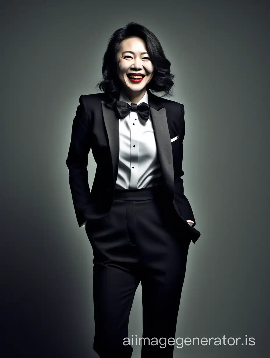 A pretty 40 year old  Chinese woman with shoulder length hair and red lipstick is in a dark room.  She is smiling and laughing.  She is wearing a tuxedo with (black pants).  Her jacket is black and open.  Her shirt is white with a black bow tie.