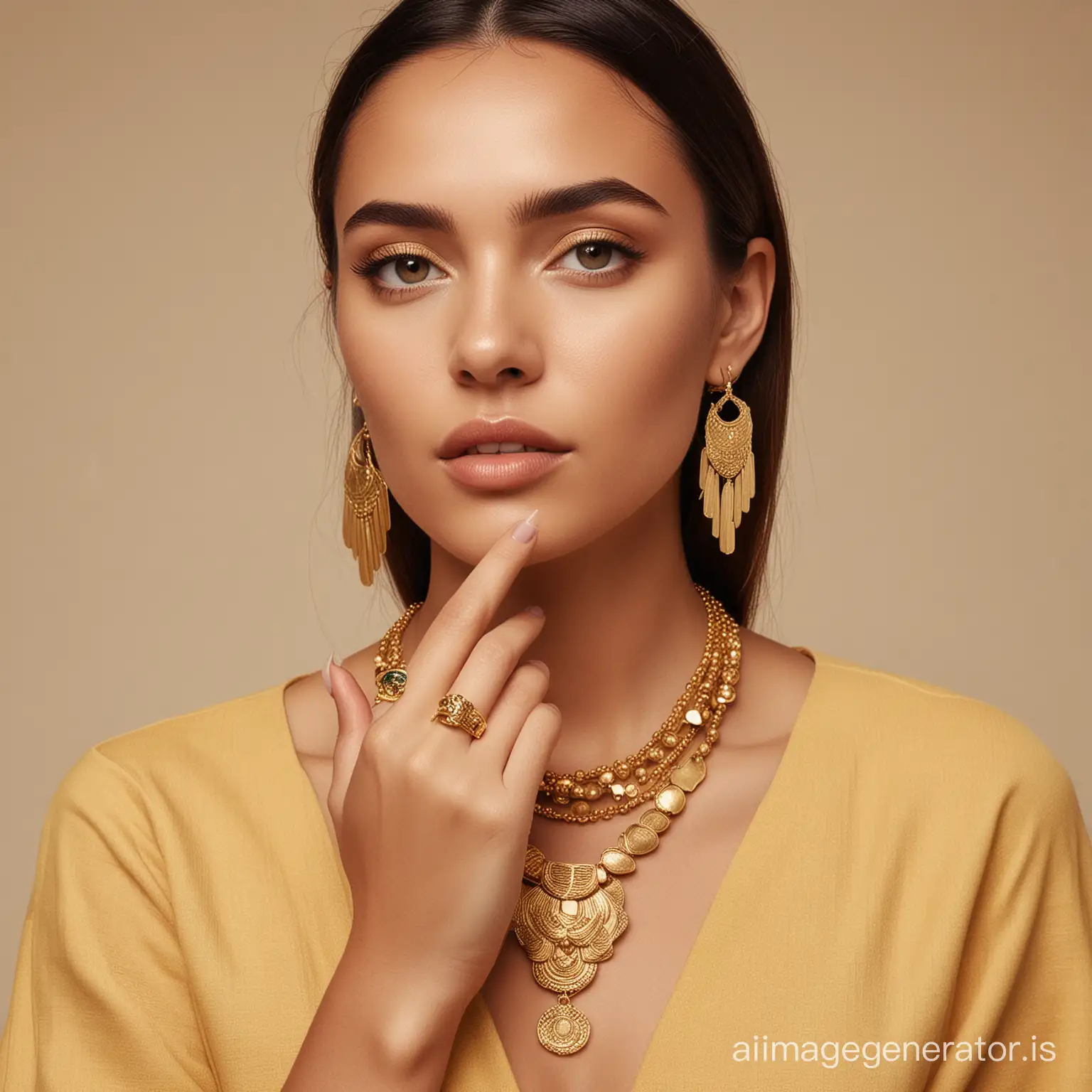 A pristine and minimalist instagram feed for a jewelry line called Protection Energy. The brand's aesthetic is characterized by clean, contemporary gold design with engravings from ancient cultures and an unwavering focus on protection energy. Lady wearing the jewels The feed features a monochromatic color scheme, with each piece of jewelry accentuated by a single, bold color. These hues are reminiscent of the earth's elements.