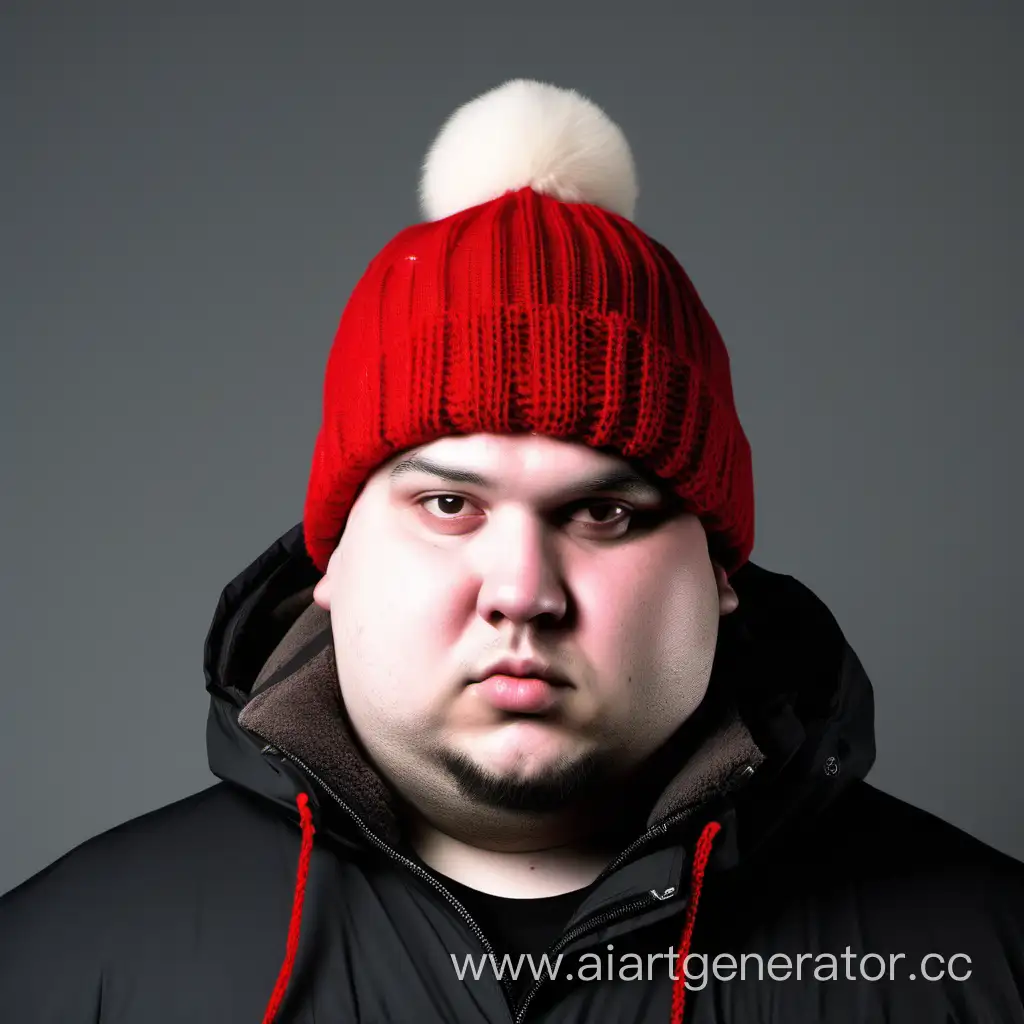 очень толстый и лысый мужчина 25 лет в черной зимней куртке и красной вязанной шапке, позади него серый фон
