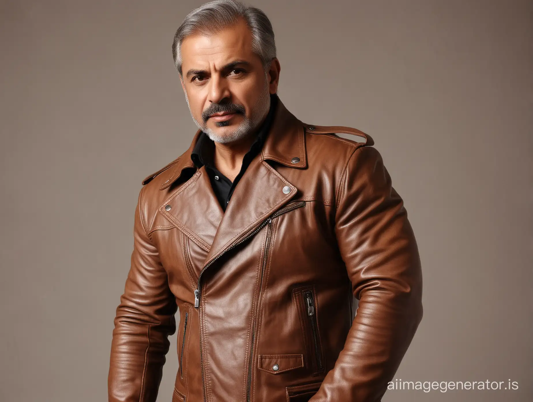 hot and sexy muscular body, biceps  chest and body shahbaz sharif
 in fuller beard enjoying in brown leather jacket
