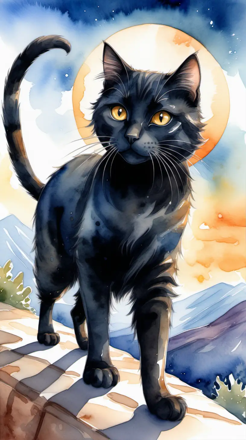 Milo is a sleek and agile cat with a glossy black coat that shimmers. He should have expressive, curious eyes that reflect his adventurous spirit. His fur could be a deep shade of blue or gray, day time with the sun in the horizon watercolor style, sun in the back, children's book