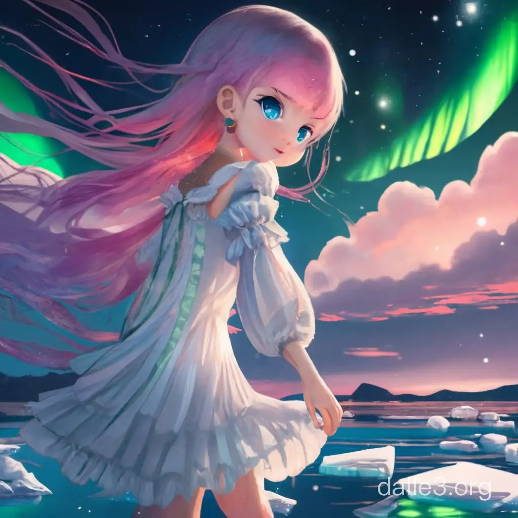 Anime, little girl with pink hair and blue eyes wearing a lacy white dress, wading in water with ice floating on it at night with the aurora borealis behind