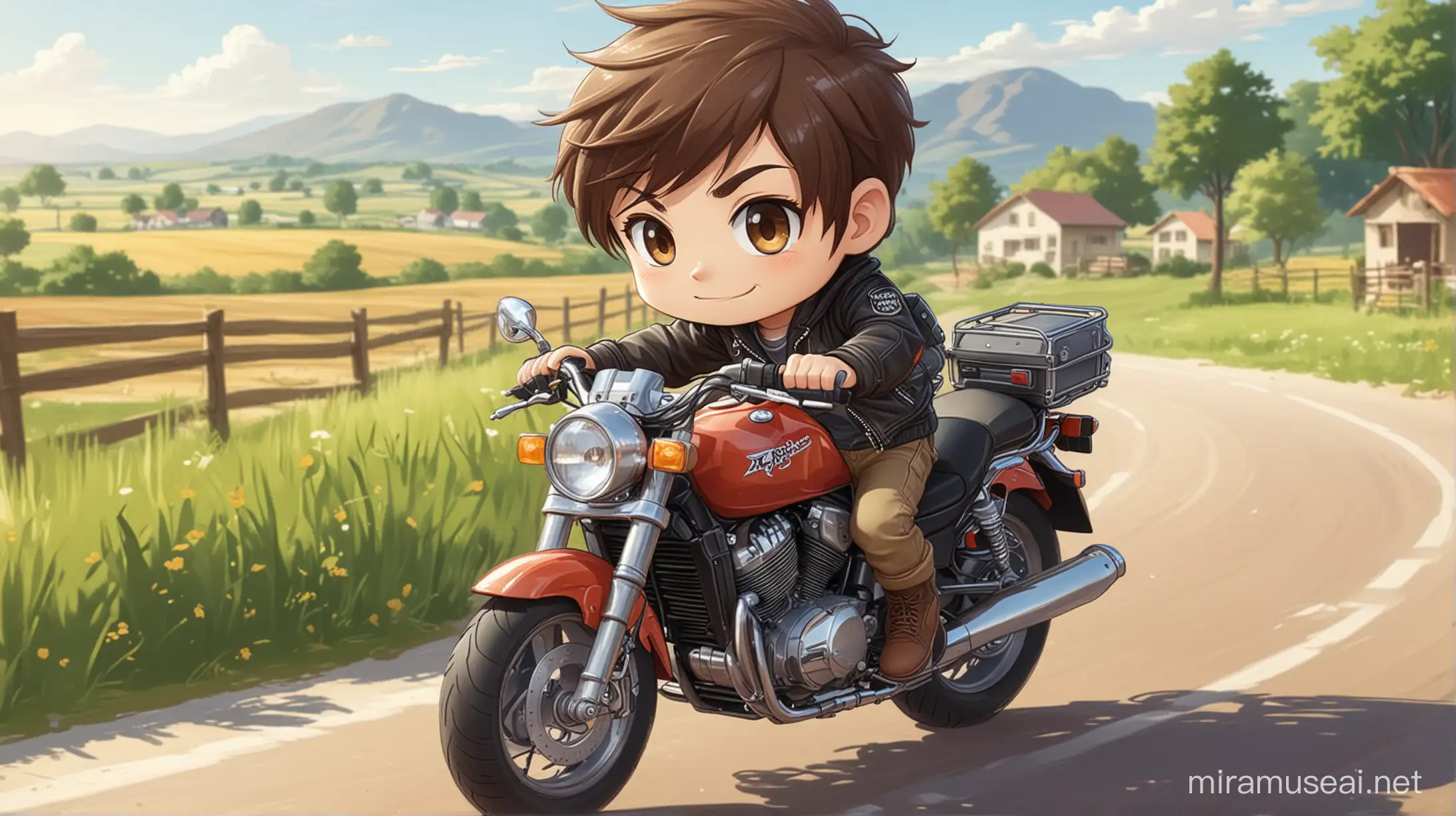 Chibi Male Friend Riding Motorcycle on Sunny Rural Road