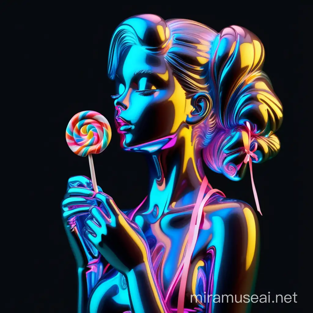 Produce a white shiny iridescent neon colored porcelain figure of a beautiful curvy feminine woman
Strong expression dynamic
Enjoying a lollipop candy sweets hair ribbon glas
portrait
Black background