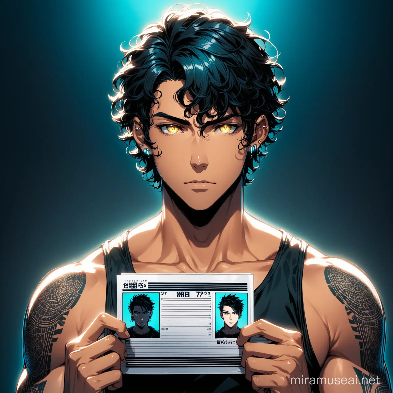 Kyoto animation stylized anime mixed with futuristic cyberpunk artworks ~ young Male staring into the camera for a mugshot or ID photo, no beard, no facial hair, young handsome face, golden eyes, black tank top and gray sweats, slightly tan skin, black curly hair, tattoos, ear piercing, white background, identification numbers, blue neon lighting, holding up paper with number: 123537. Cinematic Lighting, dark lighting, dystopian view, ethereal light, intricate details, extremely detailed, complex details, insanely detailed and intricate, hypermaximalist, extremely detailed with rich colors. masterpiece, best quality, aerial view, HDR, UHD, unreal engine. muscular young man, dark curly hair, mysterious aura, bored and nonchalant face,((acrylic illustration by artgerm, by kawacy, by John Singer Sargenti) dark fantasy background, blade runner, akira, fair skin, handsome face, rich in details, high quality, gorgeous, dystopian, neon signs, final fantasy style, gorgeous, glamorous, 8k, super detail, gorgeous light and shadow, detailed decoration, detailed lines, glitchy aesthetic, mugshot, 1x1
