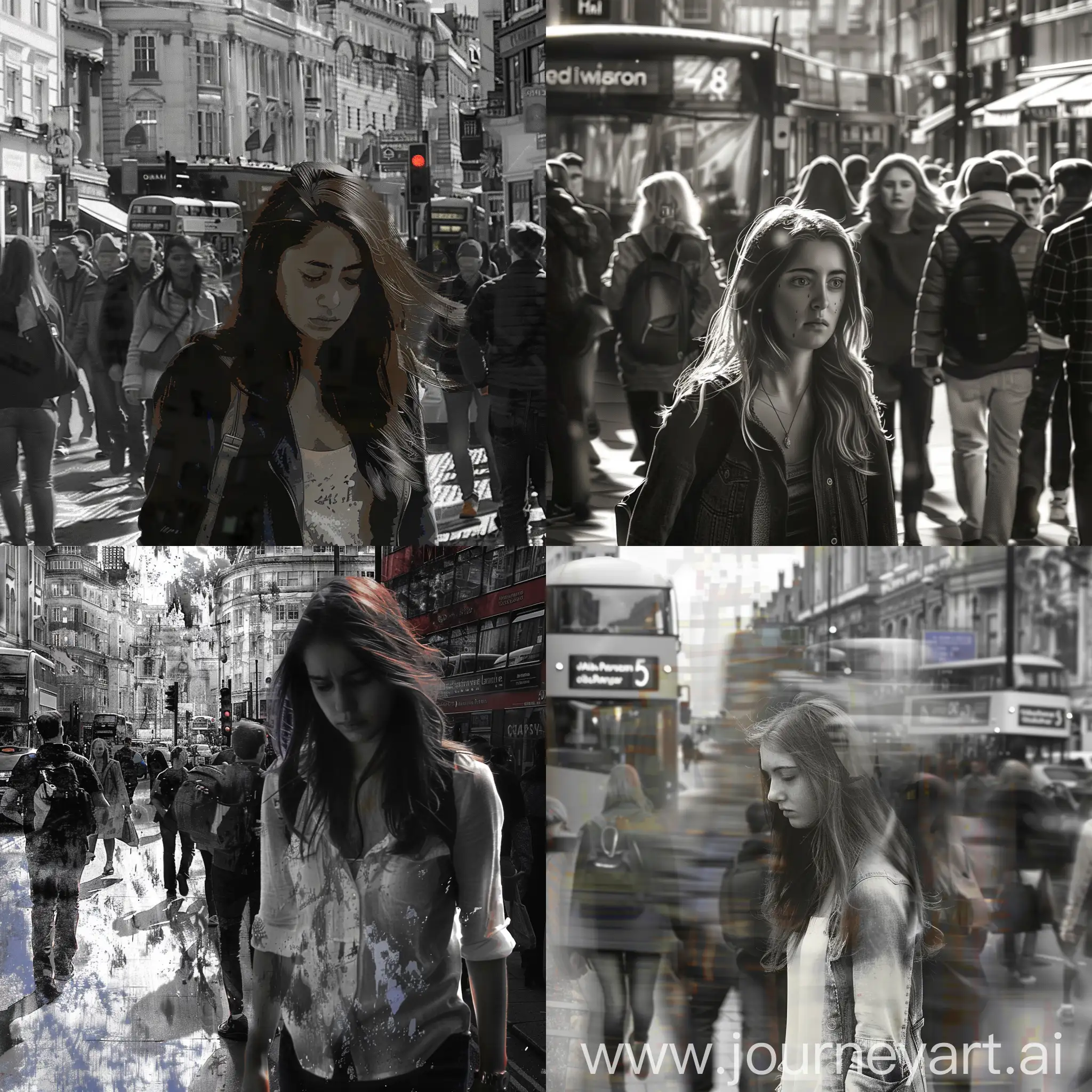 A highly detailed image of a beautiful sad young woman walking through a busy London street. She is in black and white but the rest of the image is in colour.