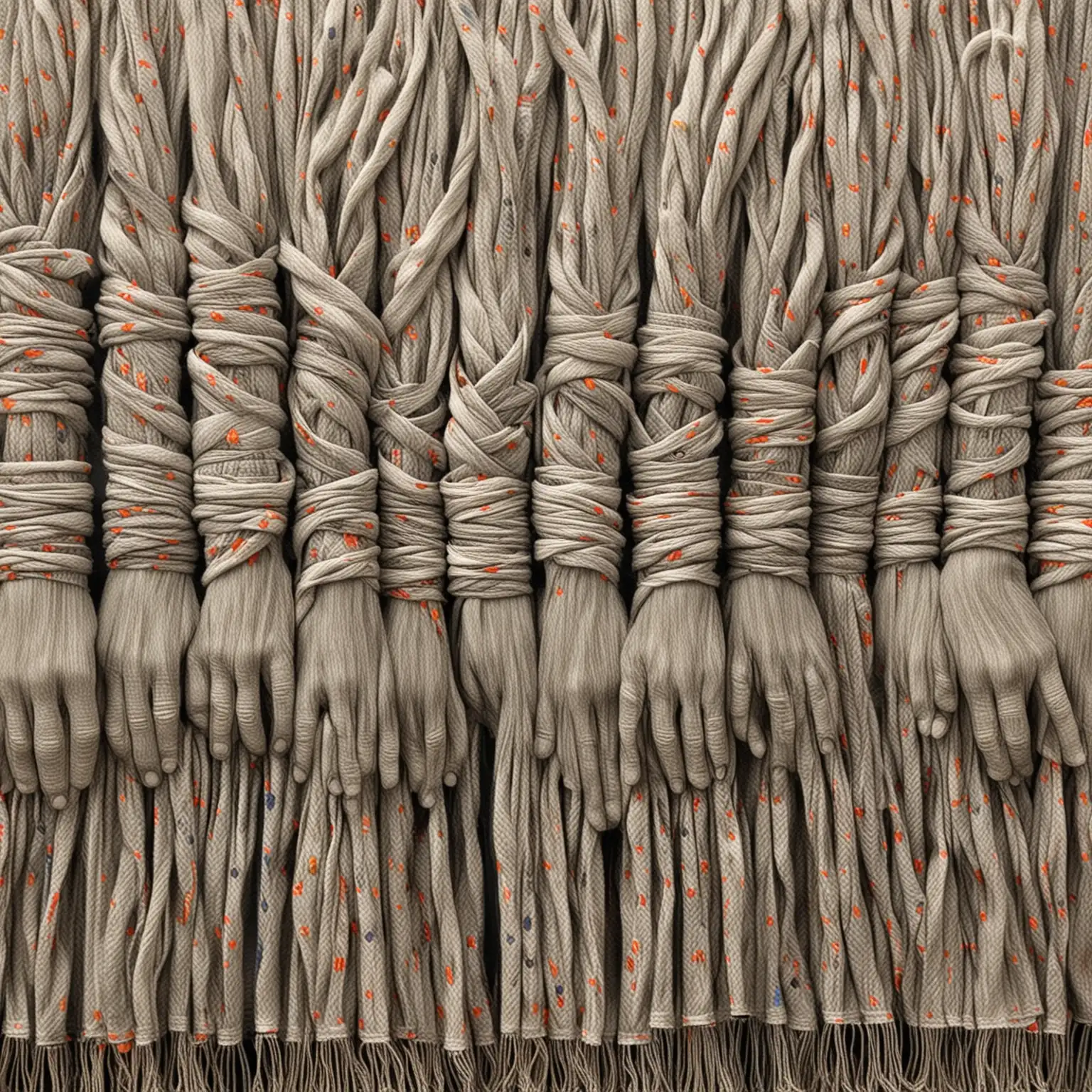 Social Justice textile art with hands bound in fabric representing those who work in clothing sweatshops in America. 