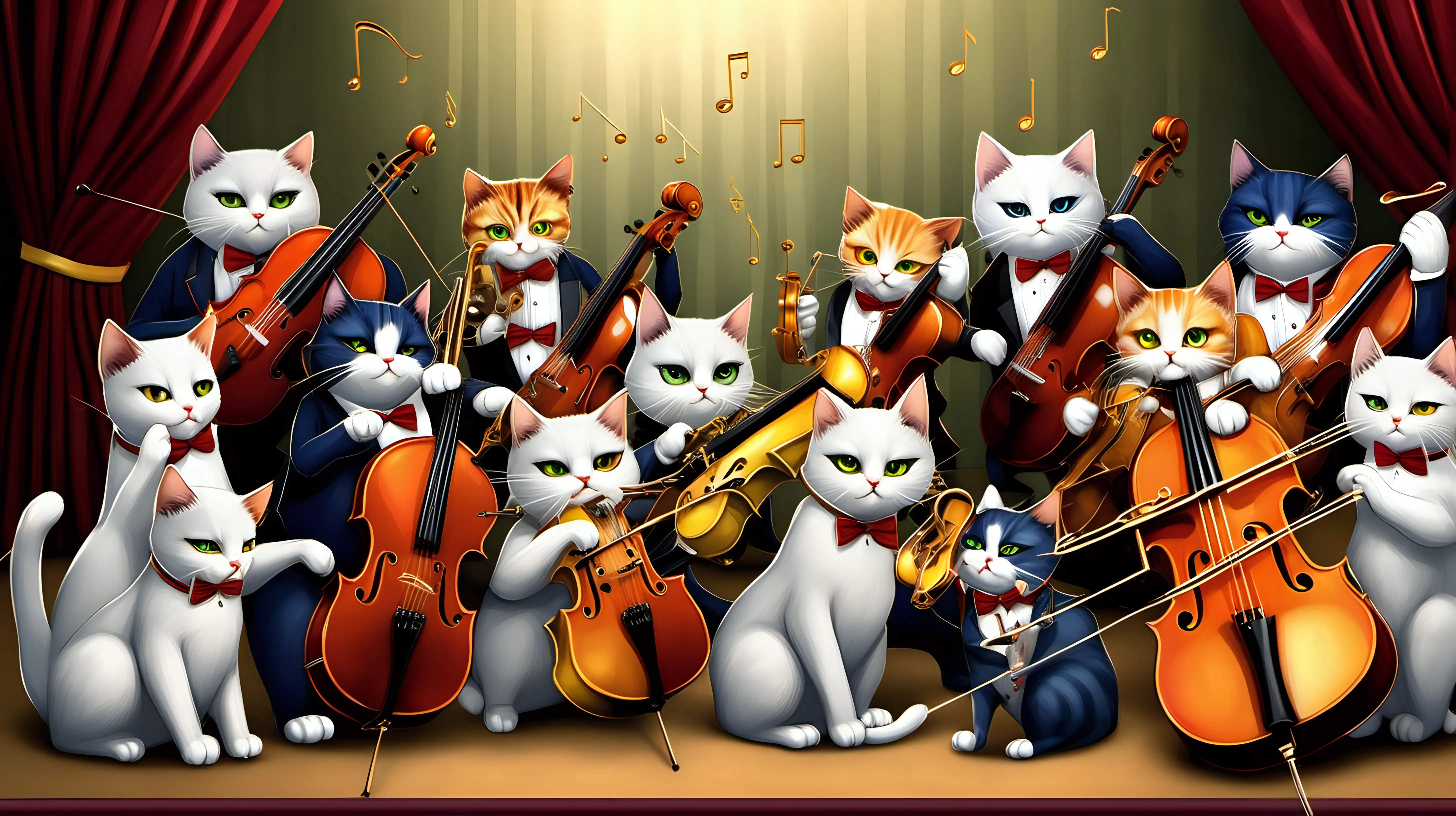 "Generate a sophisticated cat orchestra playing a symphony of cuteness, each cat musician with its own musical instrument, creating a harmonious and delightful scene."