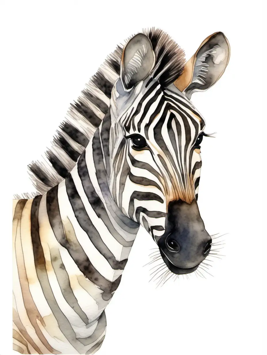watercolour drawing of a zebra, neutral, for a nursery, Isolated white background