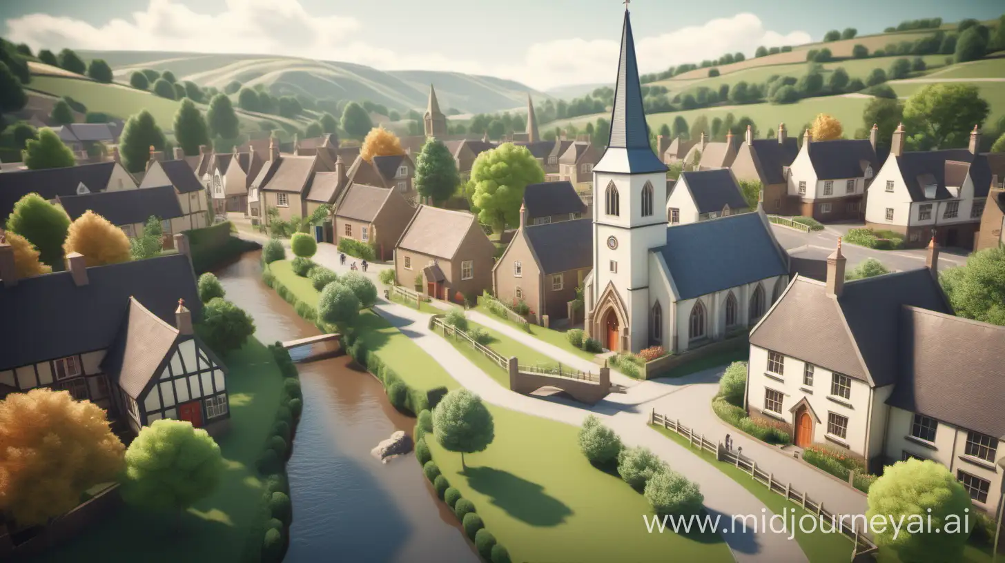 landscape of cute english village, with a church, houses, pub, school, a river running through the centre, hills in the background with trees. 3D render style.