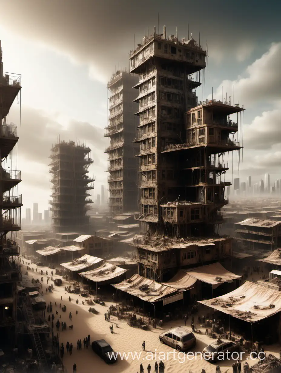 Постапокалиптический город-небоскреб из металлических свай, на этажах дома, рынки, кафе, кругом песок и пыль