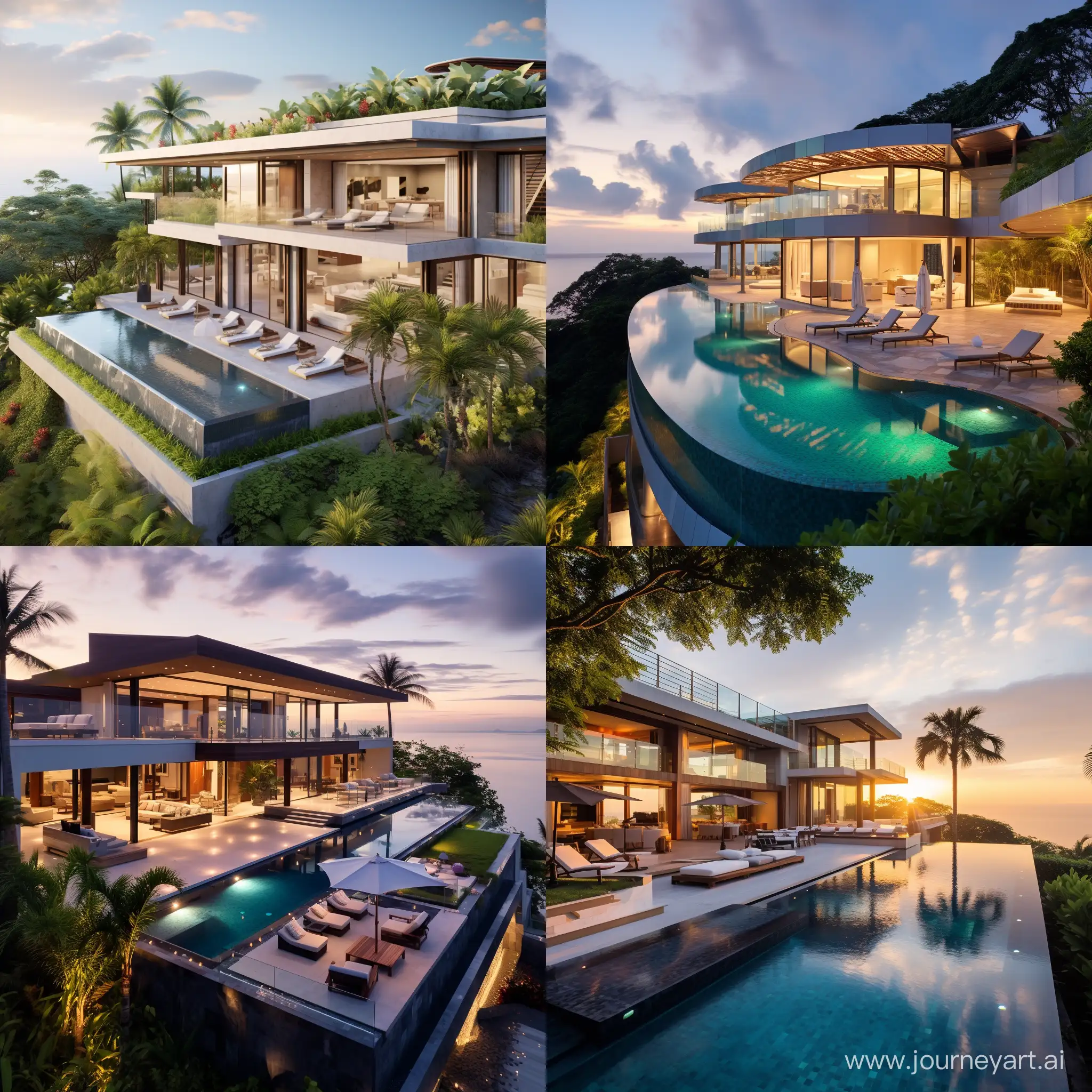 A breathtaking luxury villa, an architectural masterpiece amid lush, manicured gardens and trees. The villa's design is modern contemporary and elegant.
floor-to-ceiling glass walls that frame breathtaking panoramic views of the turquoise infinity pool. seamless integration of indoor and outdoor spaces.
terrace overlooking a private infinity pool.  a magical haven, with strategically placed lighting accentuating the architectural details and casting a warm glow on the surroundings. The outdoor lounge areas, equipped with plush seating and a fire pit, provide the perfect setting for enjoying cocktails under the stars. photo taken at the golden hour.
