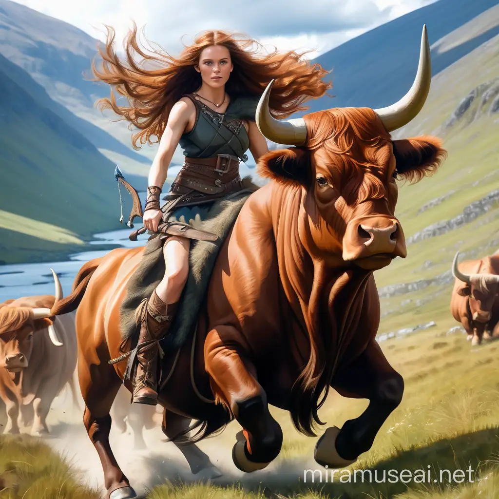Beautiful long-haired warrior woman riding through the scotish Highlands on along-horned Scottish bull