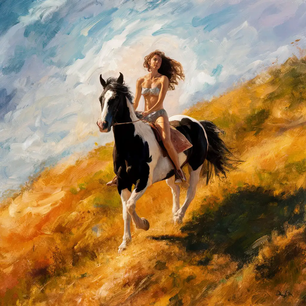 Oil painting, expressionist style, futuristic, impulsive brushwork, colors of summer, no wind, vibrant heat , a beautiful woman is riding a beautiful black and white horse up a hill , galloping fast and freely 