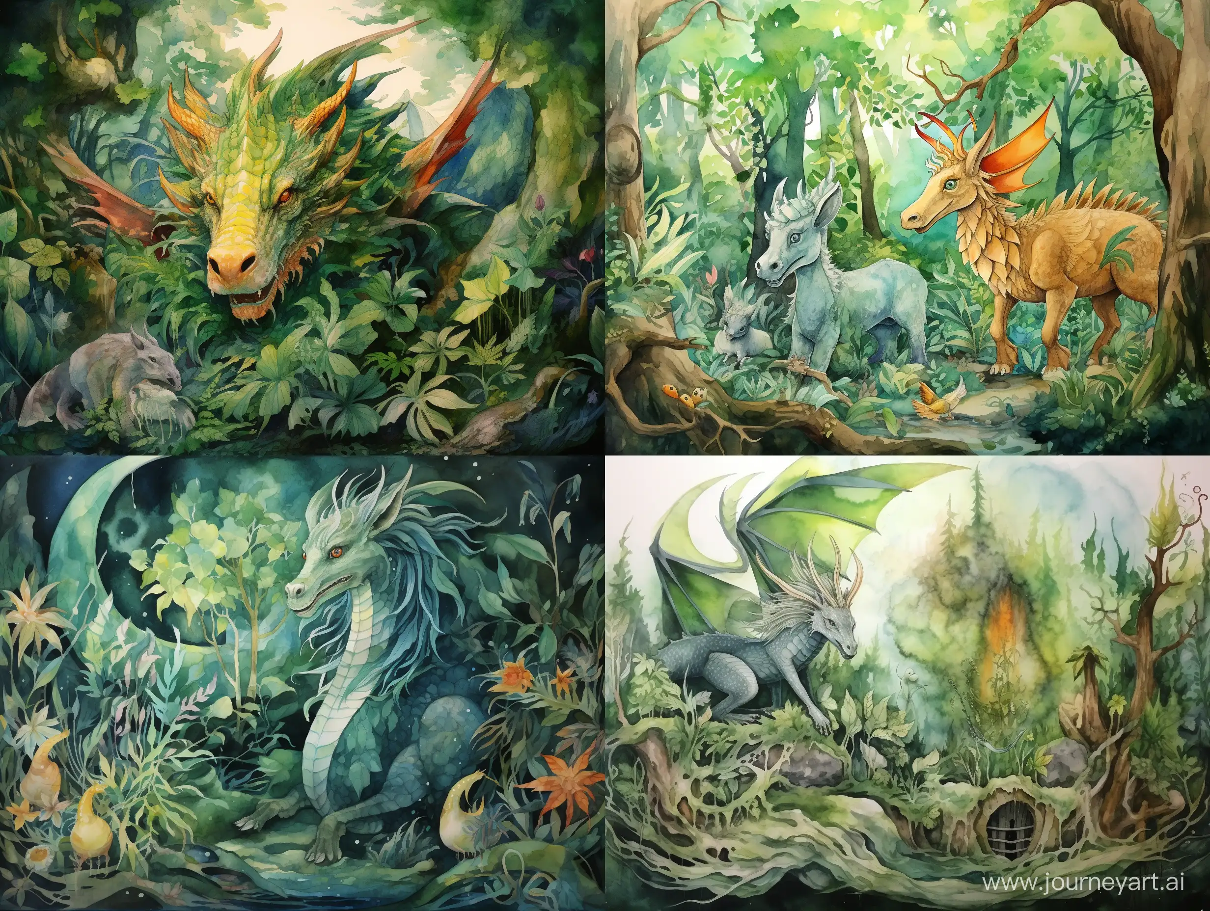 зелёный дракон и много лесных животных акварель