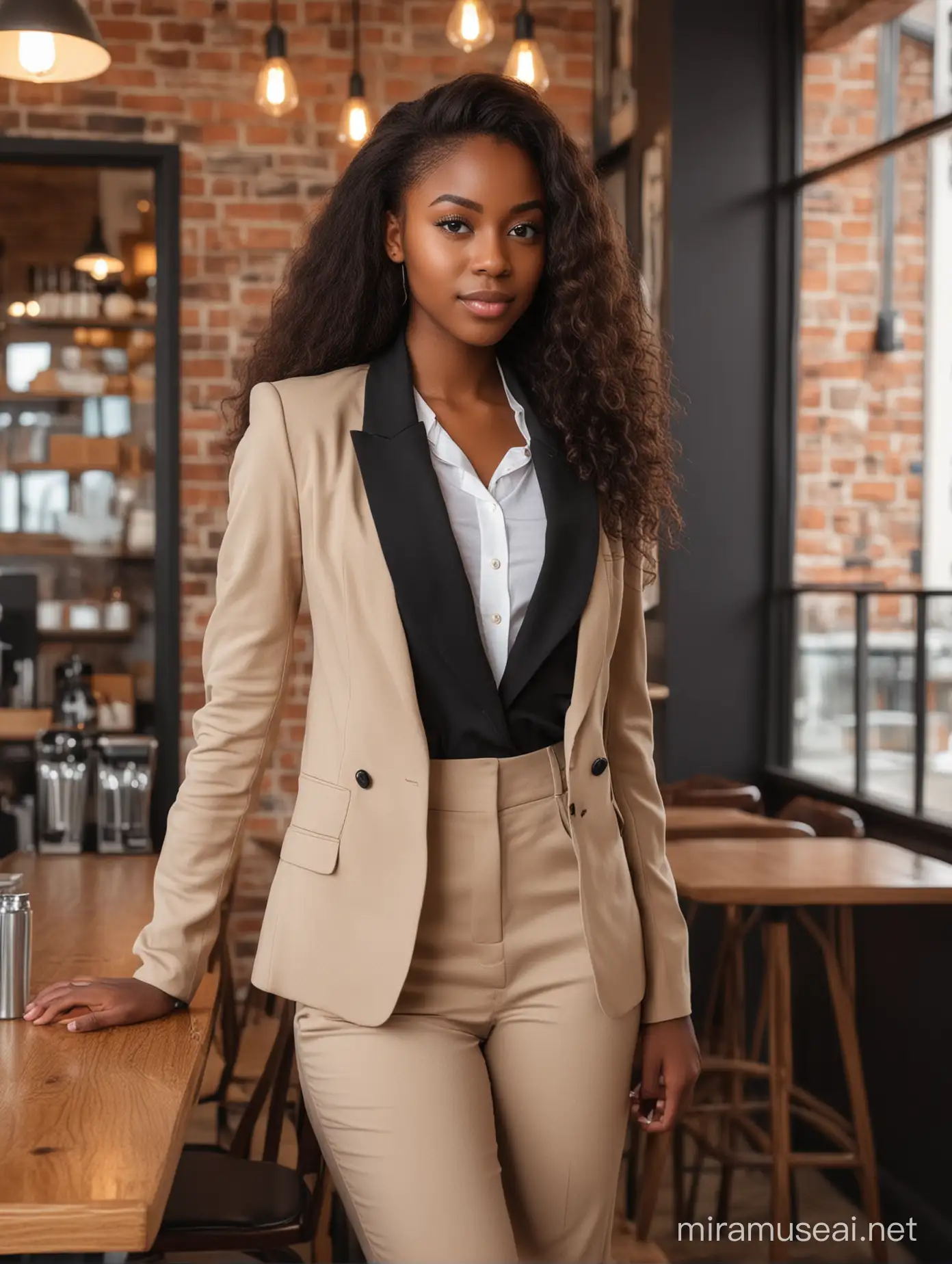 beautiful black girl, 24 years old, long hair, stylish blazer suit, standing in coffee shop
