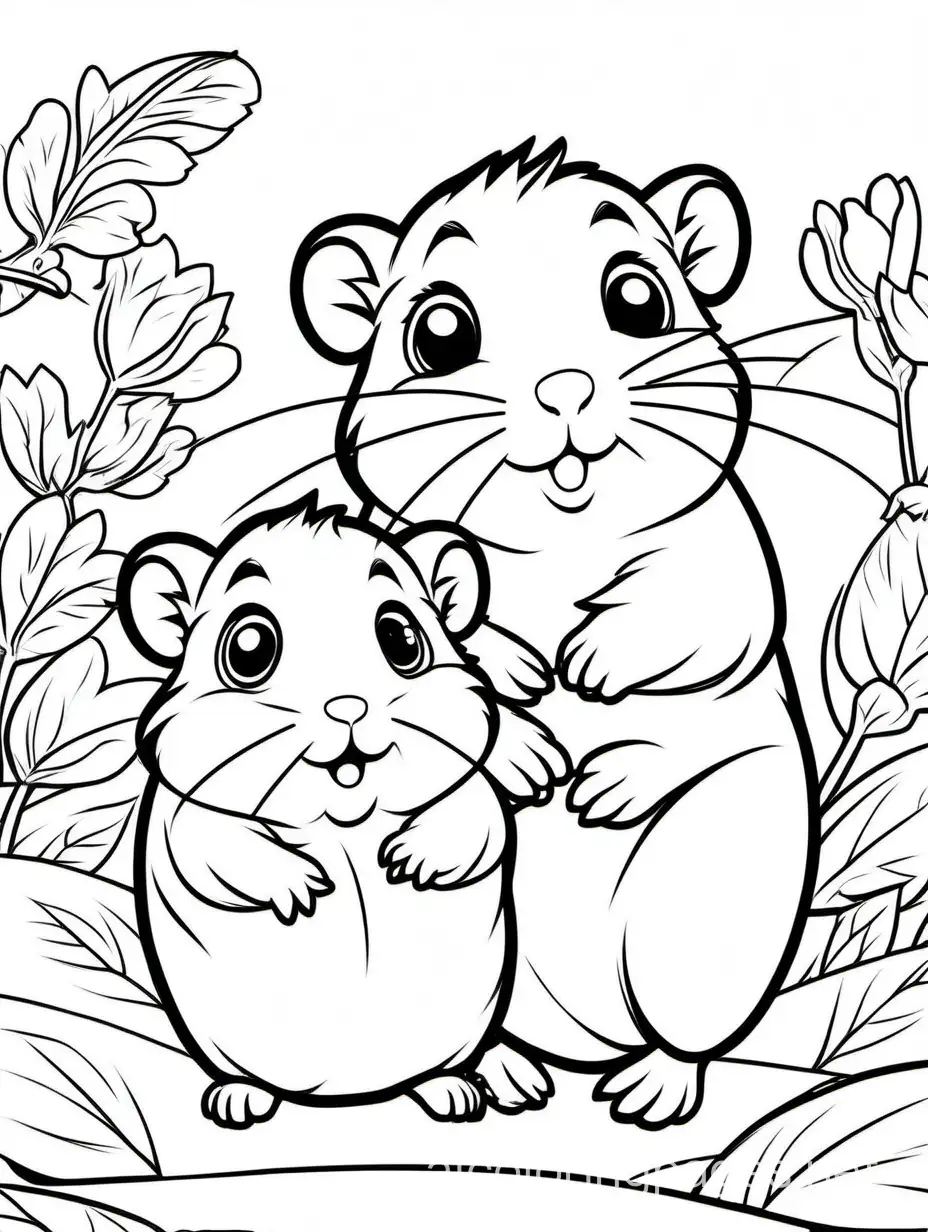 cute Hamster with his  Baby
for kids, Coloring Page, black and white, line art, white background, Simplicity, Ample White Space. The background of the coloring page is plain white to make it easy for young children to color within the lines. The outlines of all the subjects are easy to distinguish, making it simple for kids to color without too much difficulty