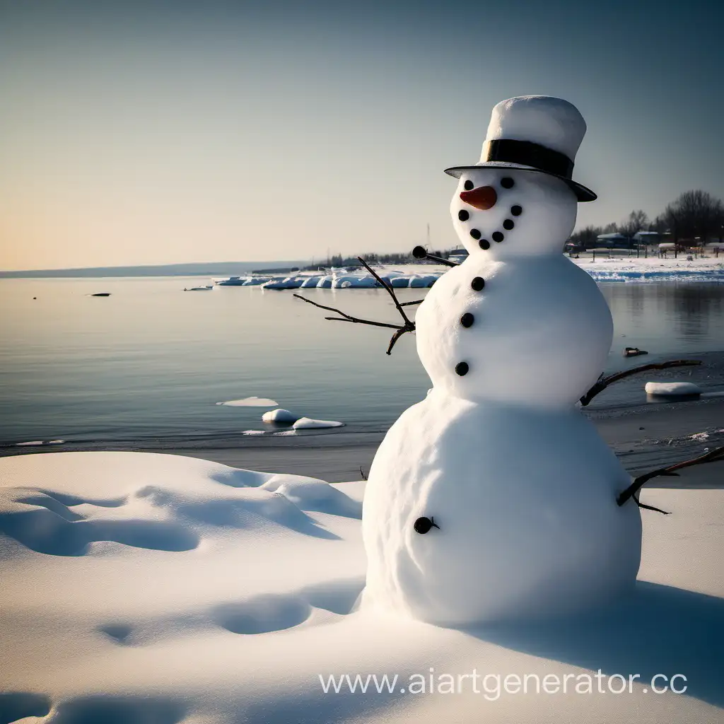 Snowman-Enjoying-Coastal-Views-Winter-Beach-Delight