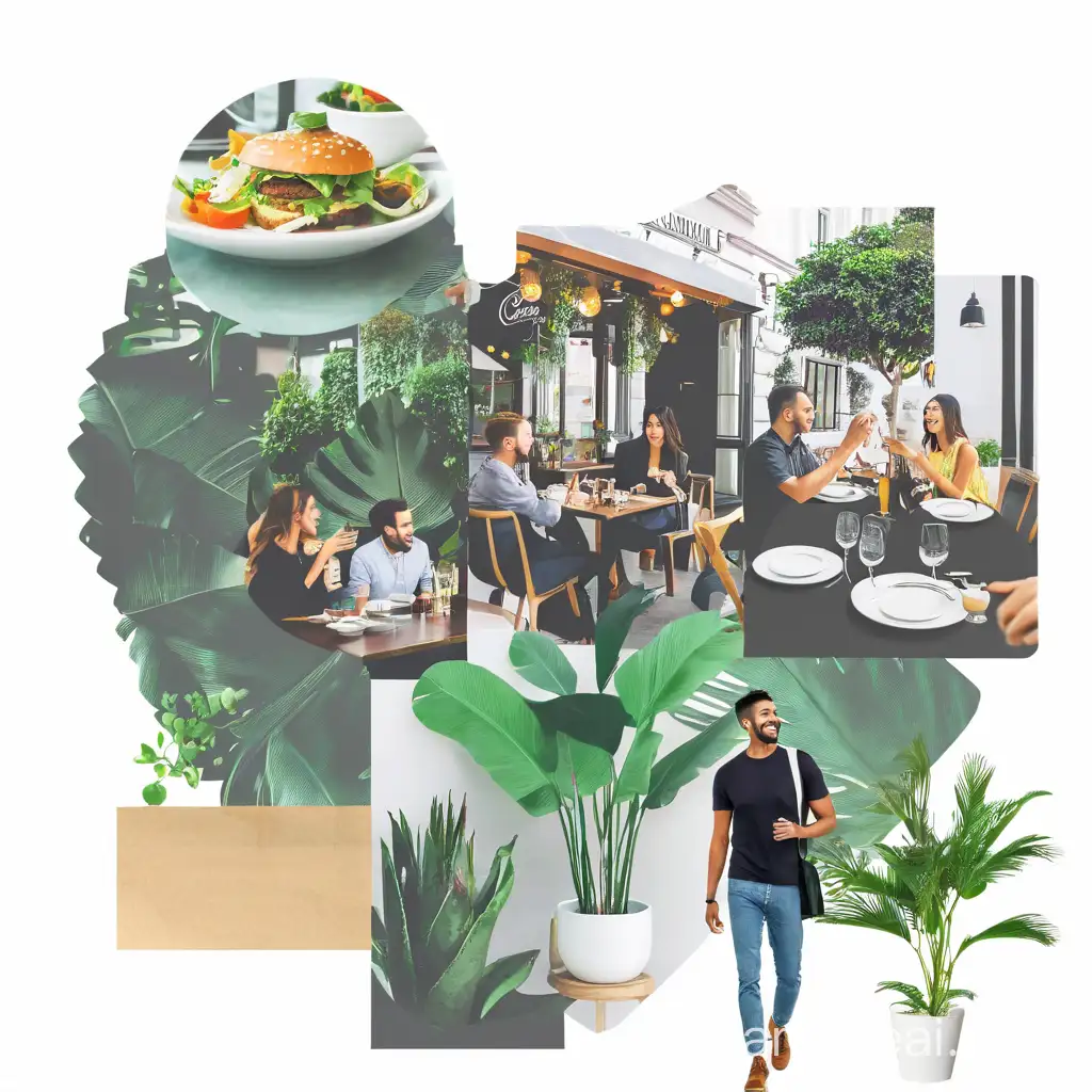 create the best restaurant collage with this style, add people and make it vibrant and make it sketchy

