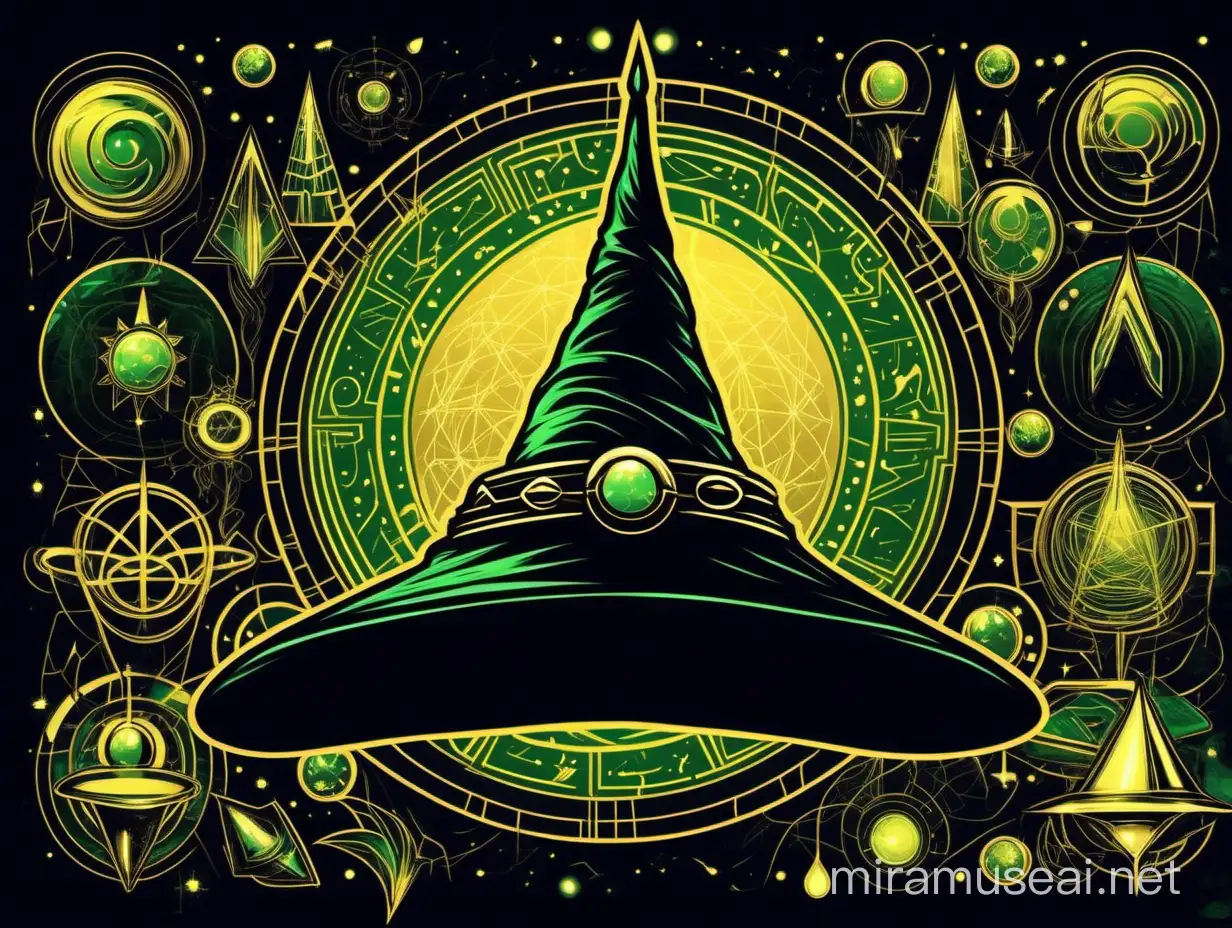 A pointy black witch hat against a background of black, green and gold colours and motifs; sci-fi aesthetic