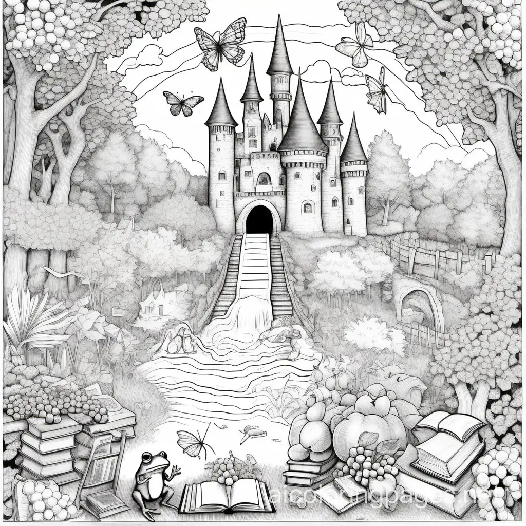 a magical realm,  a castle, a train, an old pickup, frogs, grapes and vegetables and a  wizard with a waterfall and a frog and an open book by an old tree  in a field of flowers and butterflies and books on a sunny day with a rainbow in the sky , Coloring Page, black and white, line art, white background, Simplicity, Ample White Space. The background of the coloring page is plain white to make it easy for young children to color within the lines. The outlines of all the subjects are easy to distinguish, making it simple for kids to color without too much difficulty