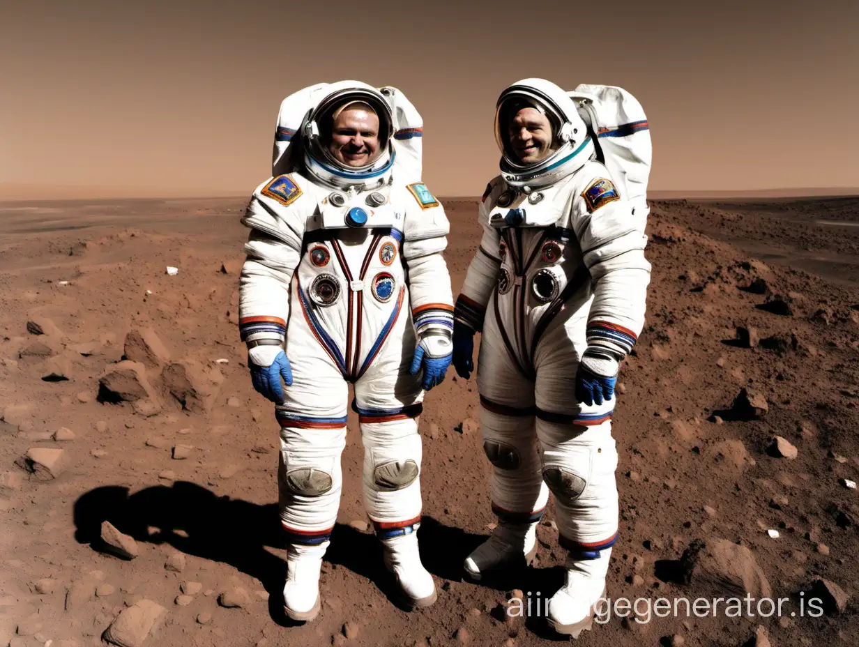 Two Russian cosmonauts pose in front of a camera on Mars