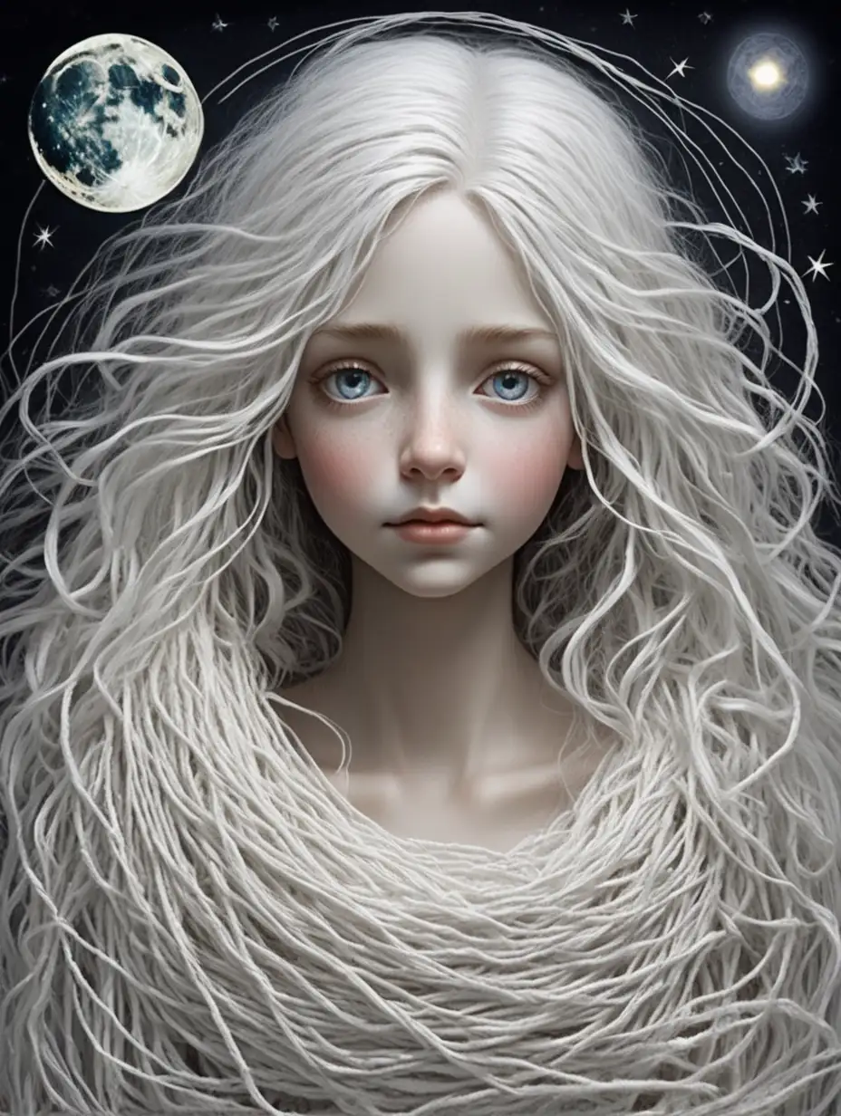 Weaving strands from the moon beams. Annie sews happy dreams Woven with starlight, pure and white. Eyes open,  Old Annie May, with age-kissed face, “-v 6”