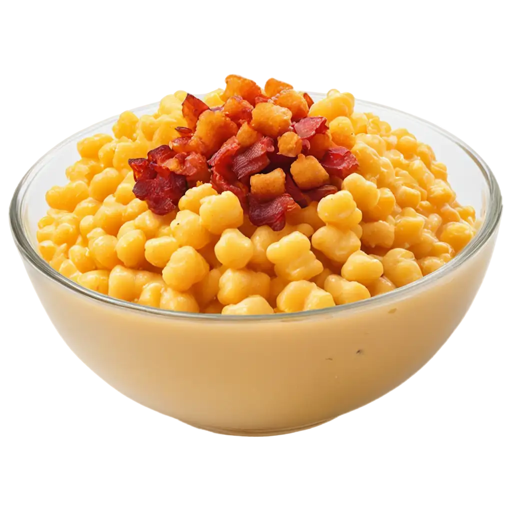 large clear bowl of mac and cheese with bacon and tots