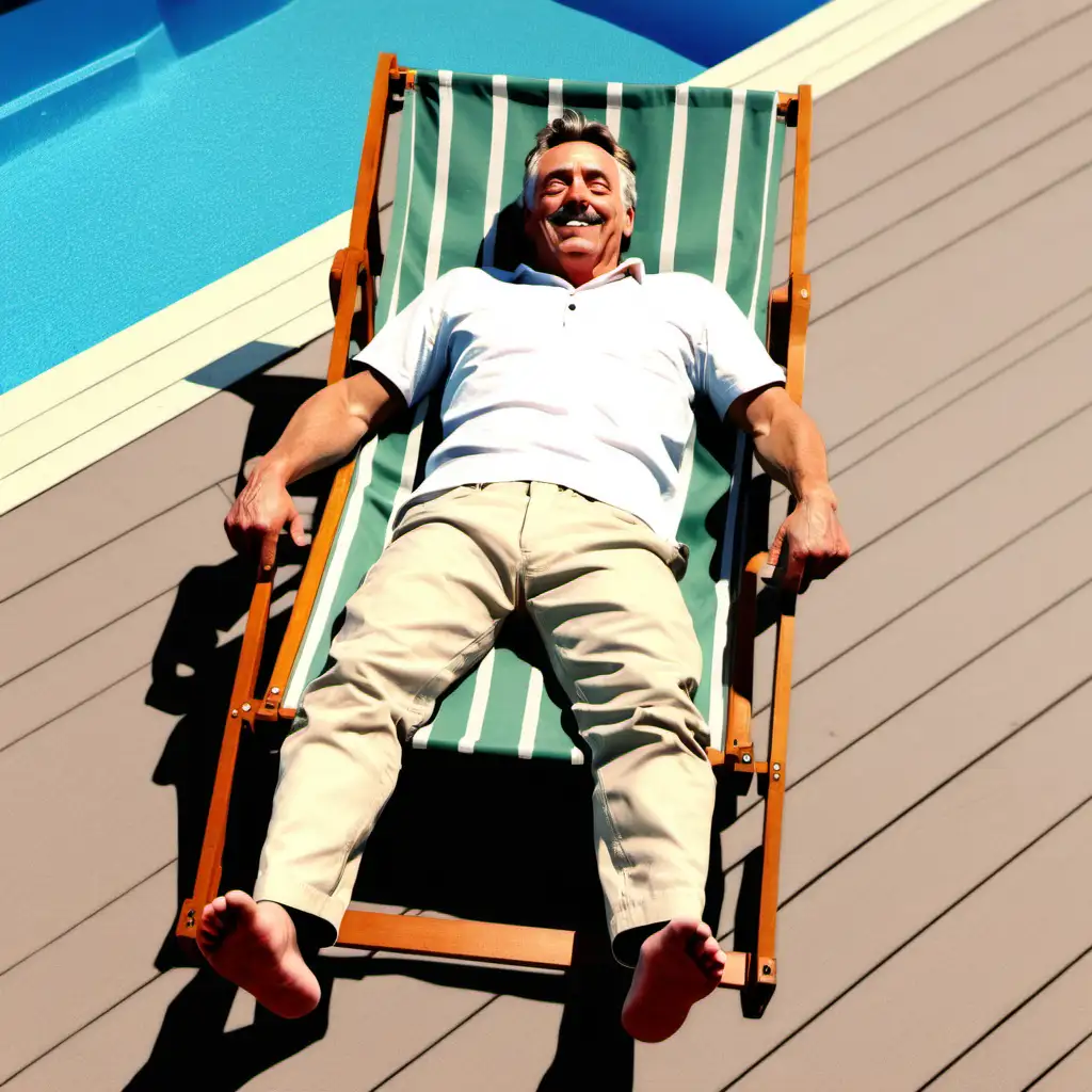 Please create an image where we see a craftsman laying in a deck chair. He is relaxed and happy, but looks not directly in the camera. 
