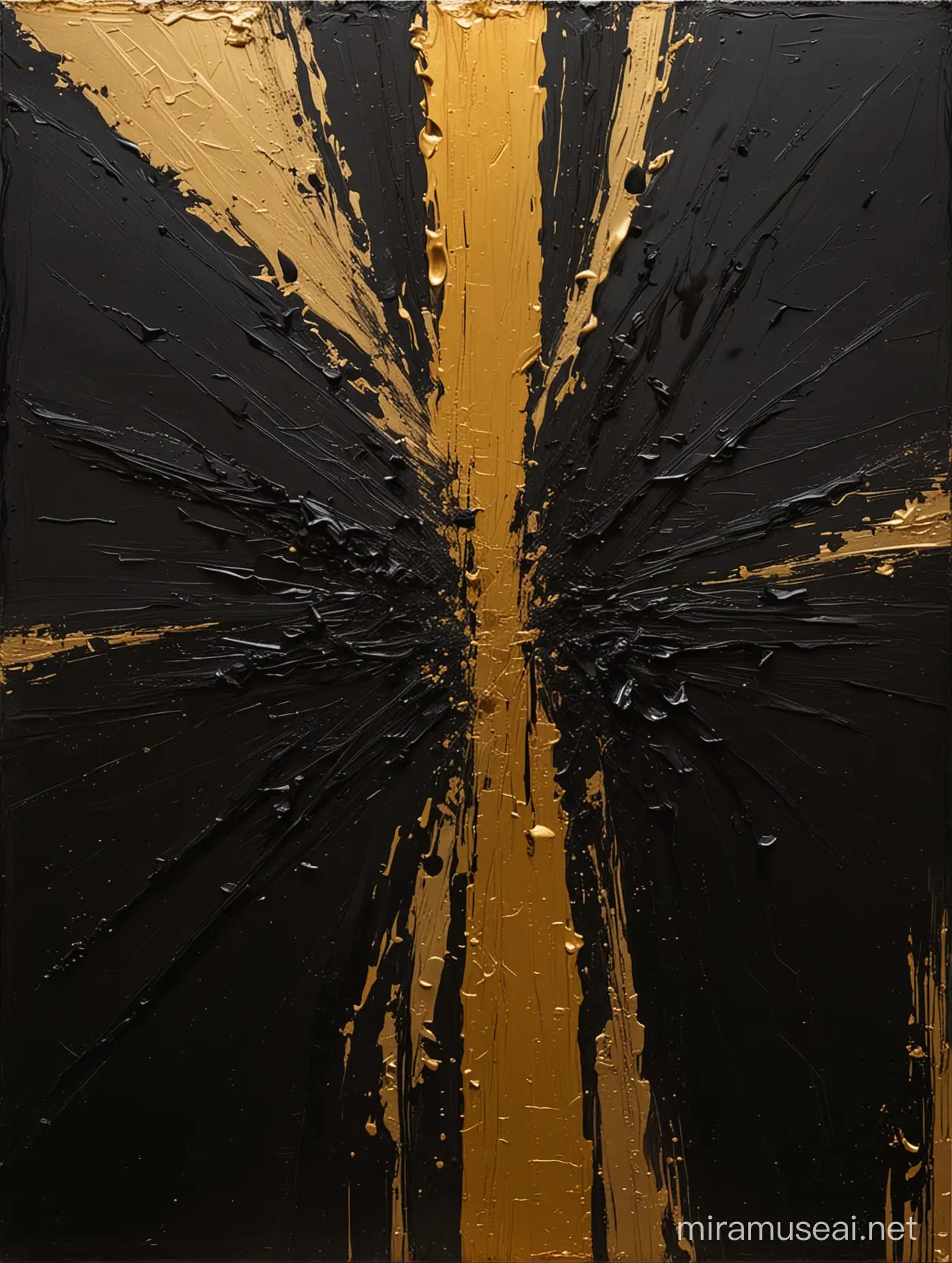 Expressionist Fusion of Kline and Kiefer Glossy Black and Gold Brushstrokes