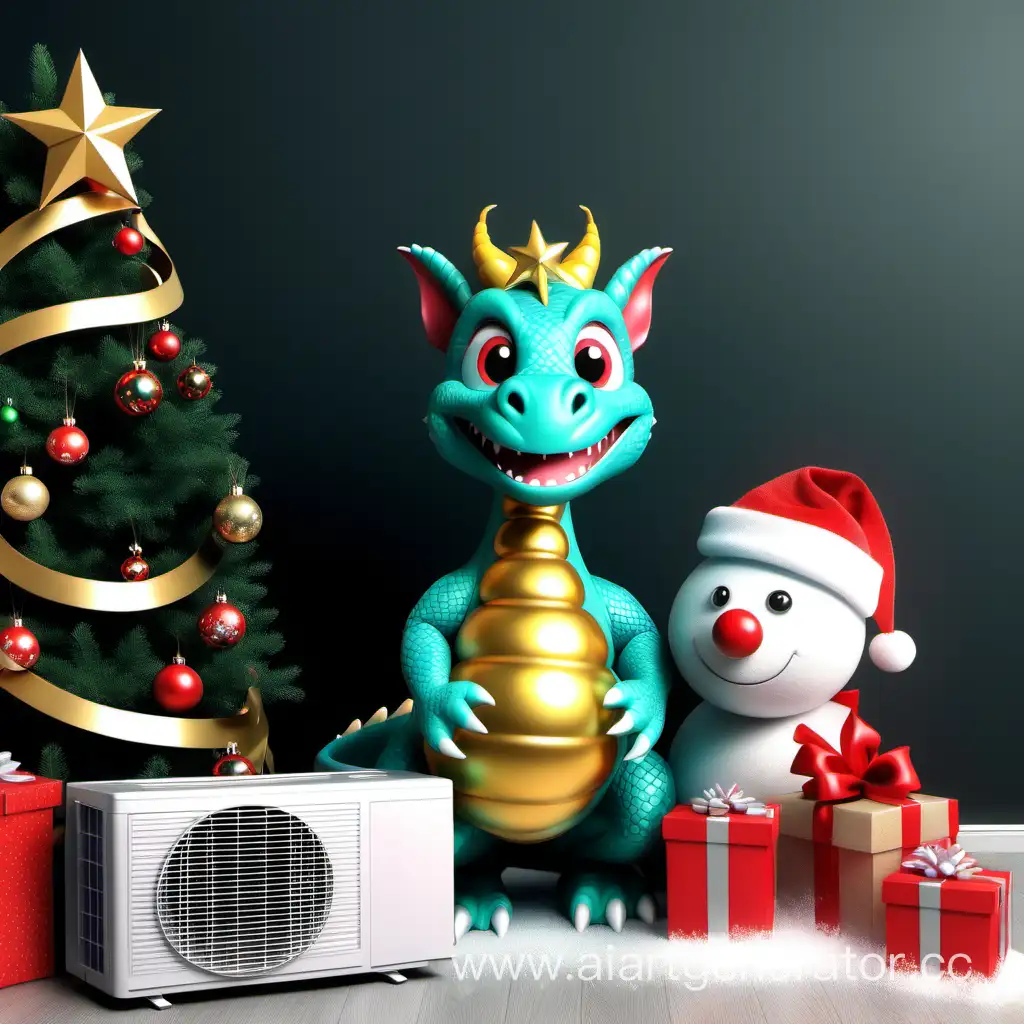 cute new year dragon  with air conditioner and Christmas tree and christmas balls 